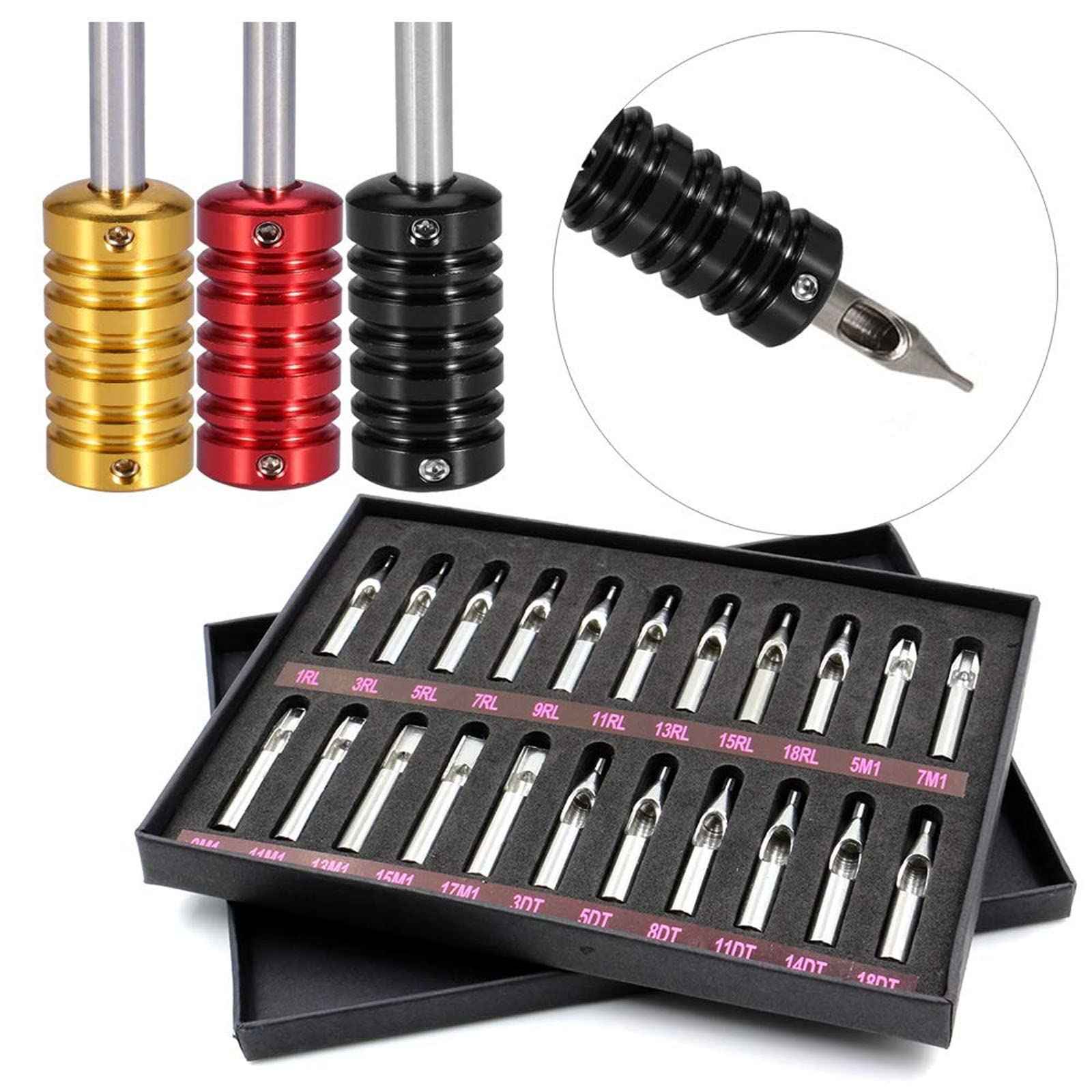 SOTICA Traditional Tattoo Tips and Grips,3Pcs Aluminum Grips Tubes and 22 PCS Tips Stainless steel Tips and Grips Round Diamond Magnum RT DT FT Nozzle Tips for Tattoo Suuplies