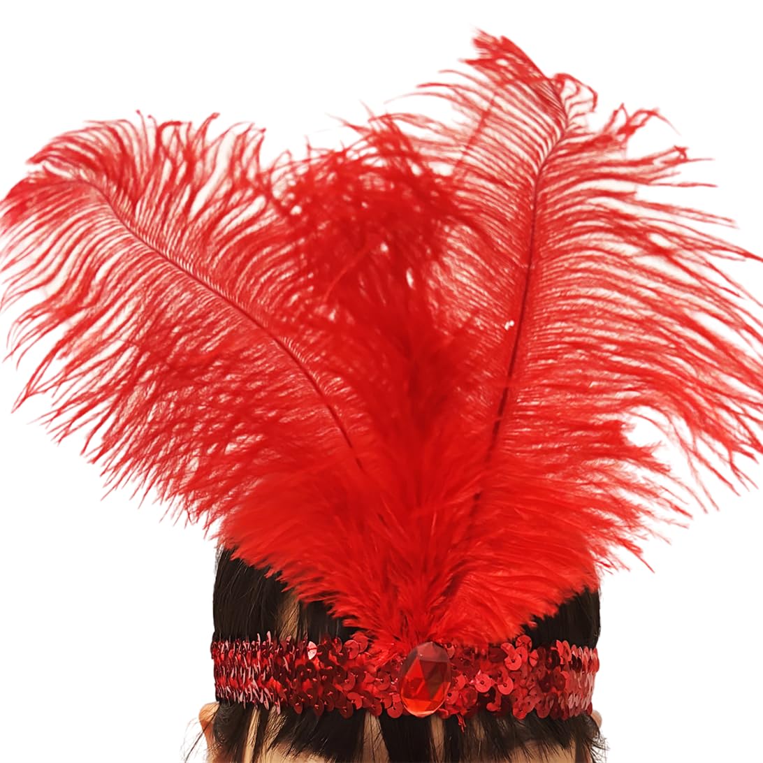 XKTEI 2pcs Sequins Feather Headpiece,1920s Flapper Headband,Mardi Gras Carnival Party Headwear Costume Accessory,Women Girls (Red)