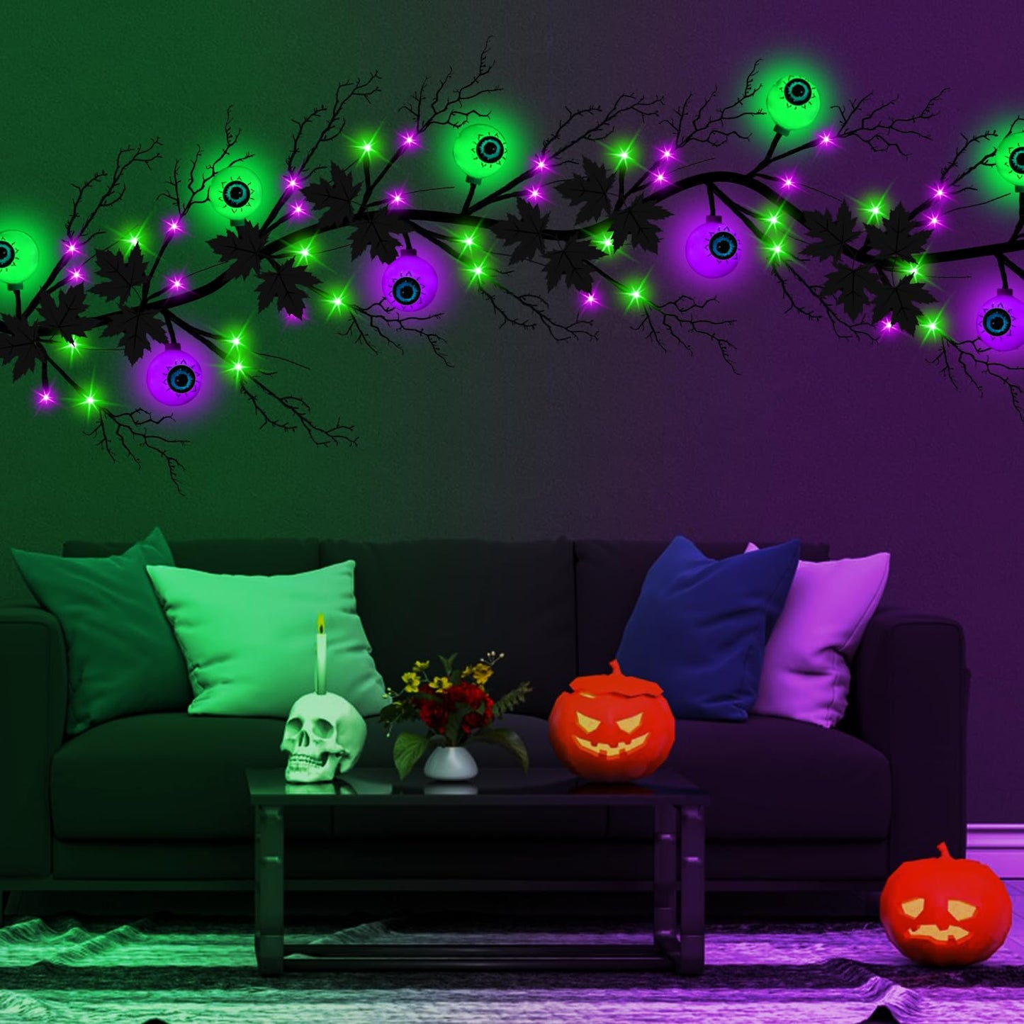 Halloween Decorations 6 Ft 54 LED Purple & Green Lights, Willow Vine Twig Garland with 9 Tree Leaves & 9 Eyeball, Battery Operated 8 Modes Halloween Lights for Home Wall Window Fireplace Mantle Decor