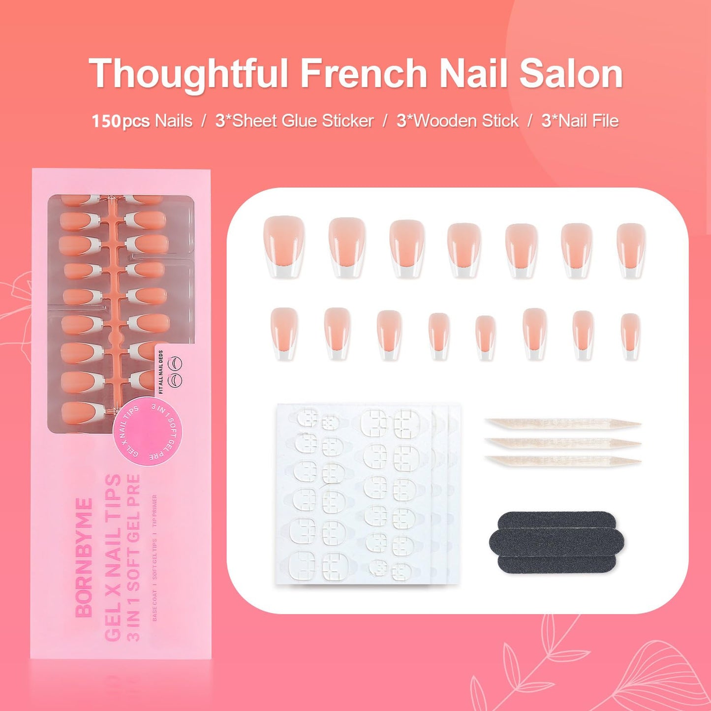 LIARTY 150 Pcs French Press On Nails Short Coffin, French Tip False Nails Manicure, 15 Size Acrylic Full Cover Artificial Fake Nails (Natural)