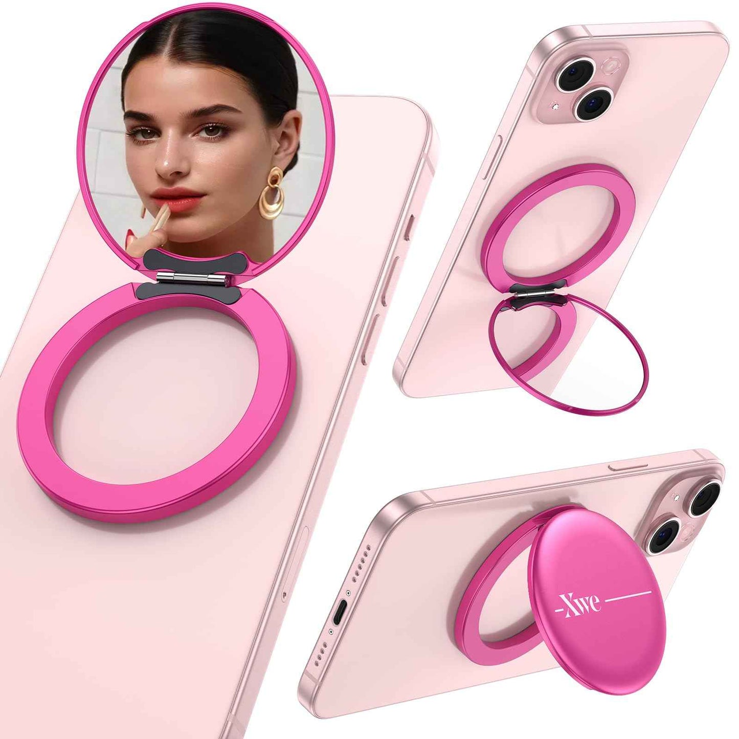 XWE Cell Phone Stand Compatible with Magsafe Mirror Mount [Anti-Scratch & Portable] Girls Women Magnetic Travel Makeup Mirror Desk Fits for iPhone 16/15/14/13/12 Plus Pro Max (Fuchsia)