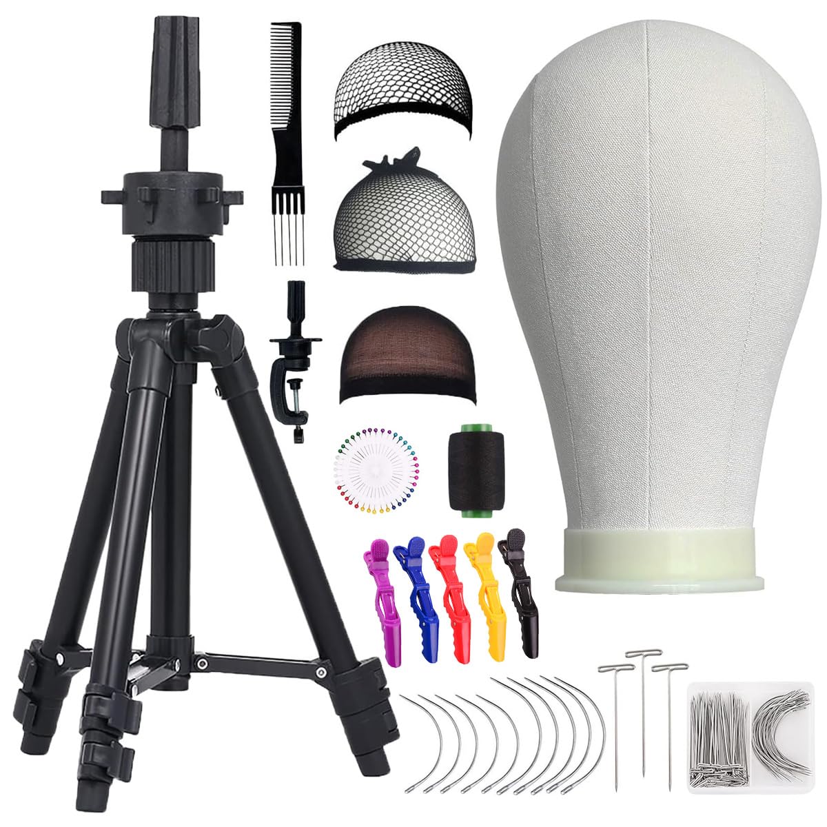 Ginogend 22 Inch Wig Head, Wig Stand Tripod with Head, Canvas Block Head Mannequin Head Set for Making Wigs with Wig Caps, Table Clamp, T Pins Set, C Needles, Hair Brush&Clips