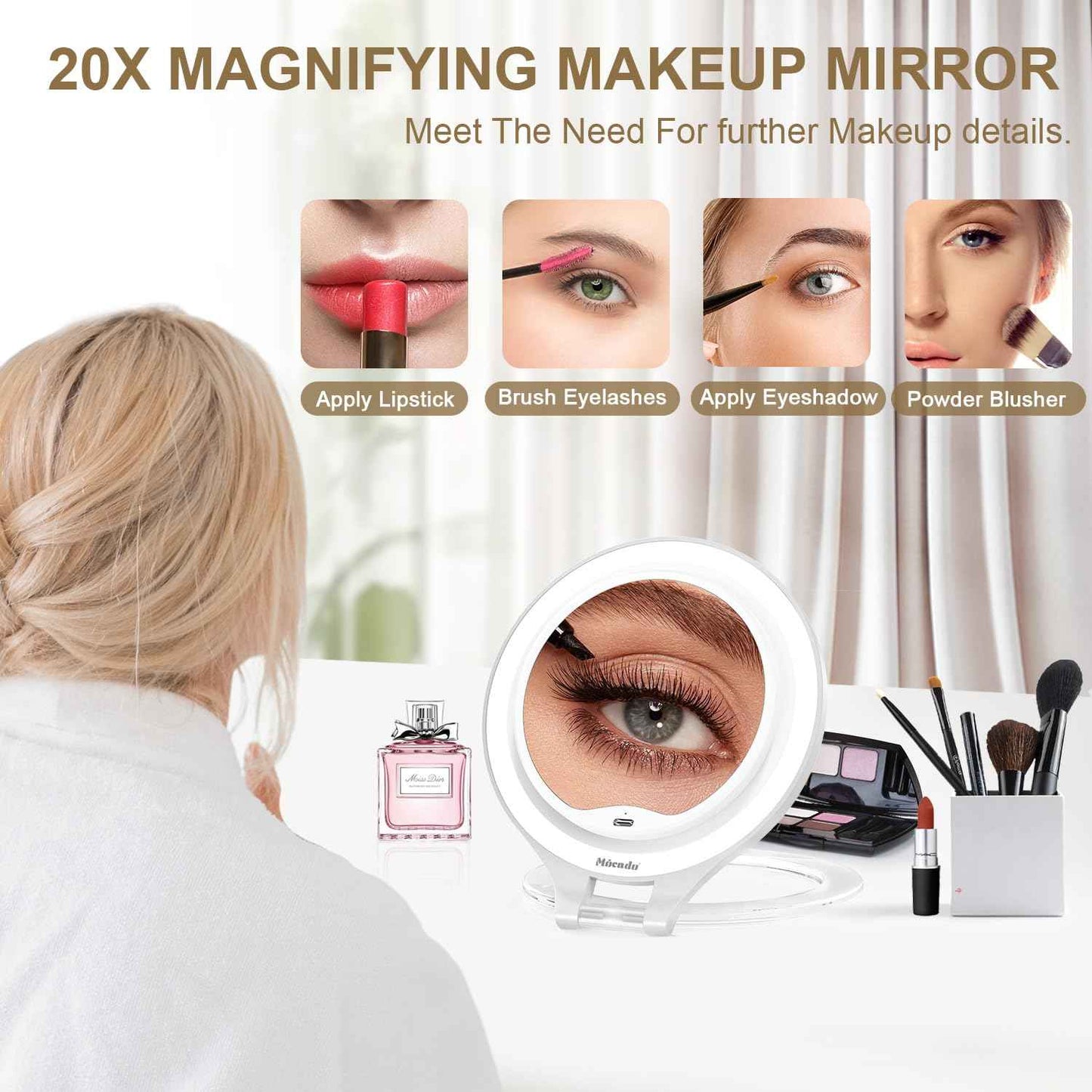 Mocado Travel Makeup Mirror with Light, 1X/20X Magnifying, Double Sided, 3 Color Light, Dimmable Touch, Rechargeable, Tabletop Standing, White