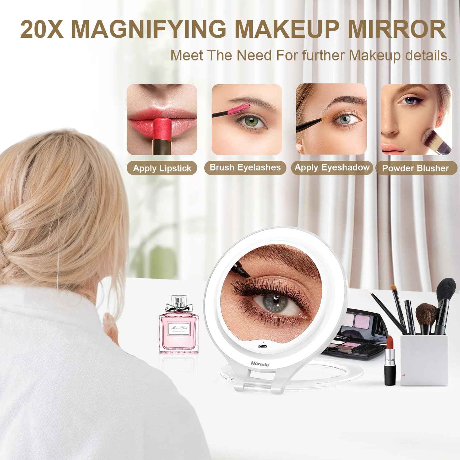 Mocado Travel Makeup Mirror with Light, 1X/20X Magnifying, Double Sided, 3 Color Light, Dimmable Touch, Rechargeable, Tabletop Standing, White