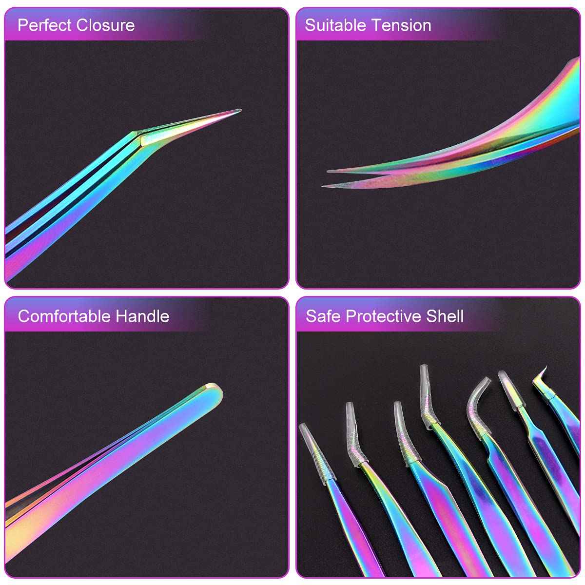 Eyelash Extension Tweezers Set, Fangze 7 Pcs Lash Kit Rainbow Stainless Steel Straight and Curved Tweezer for Nail Art Ingrown Hair Craft