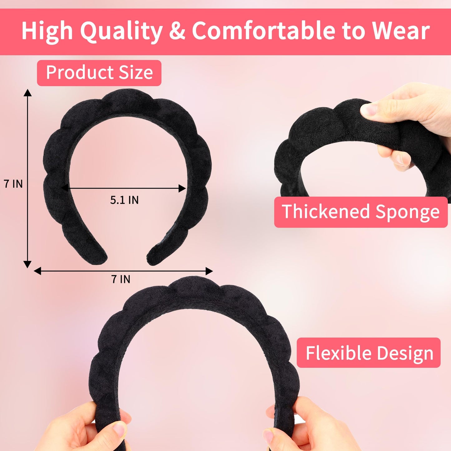 LVYOUIF 4PCS Spa Headband Hairband & Wristband Set Bow-tie Hairband with Buckled Hair Band Wrist Washband Terry Towel Cloth Headband for Washing Face Makeup Removal Skincare Black