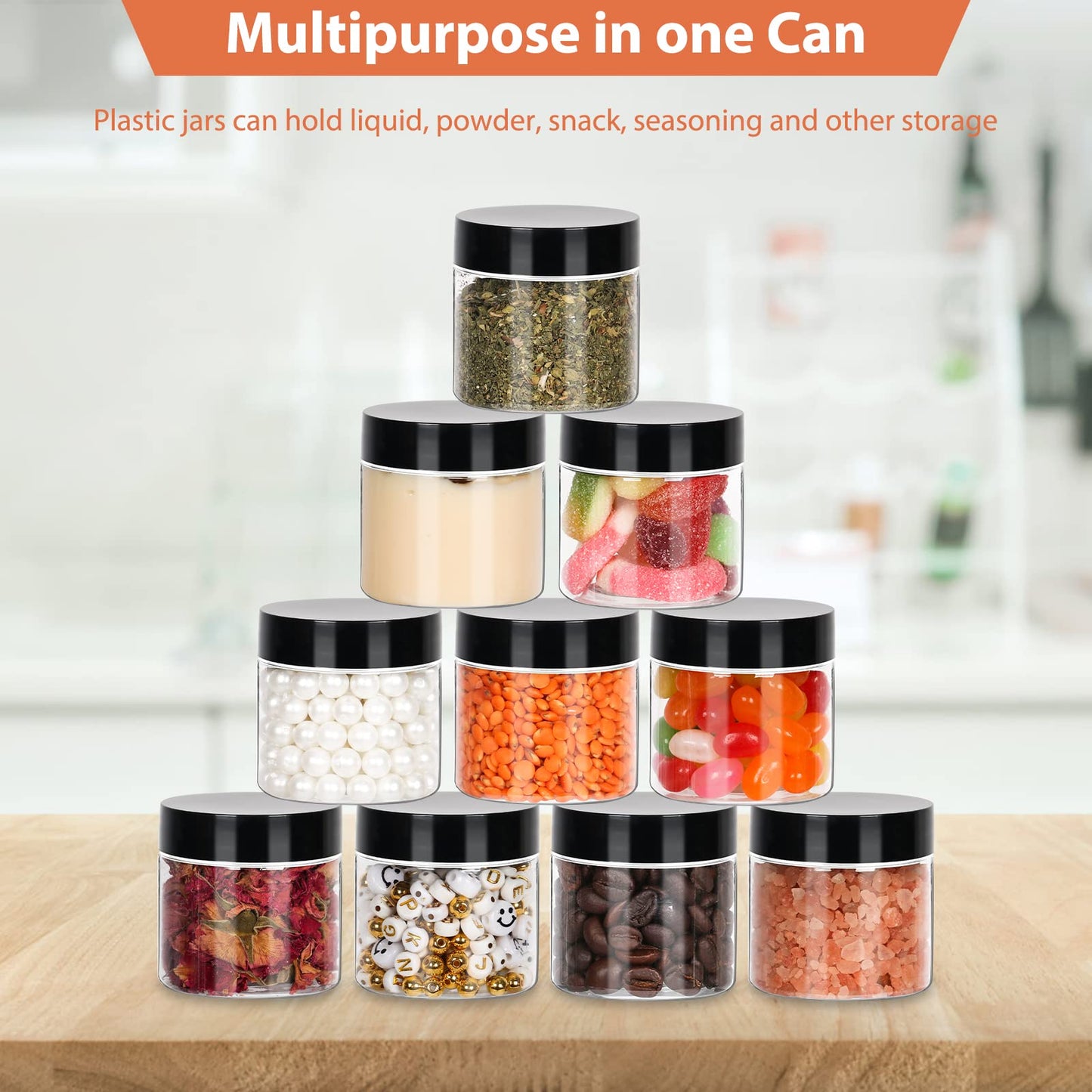 50pcs 2 oz Clear Plastic Round Jars with Black Lids, 2oz 60ml Leak-Proof Wide-Mouth Cosmetic Storage Containers for Kitchen Use, Beauty Products, Cream, Scrubs, Bath Salt and More