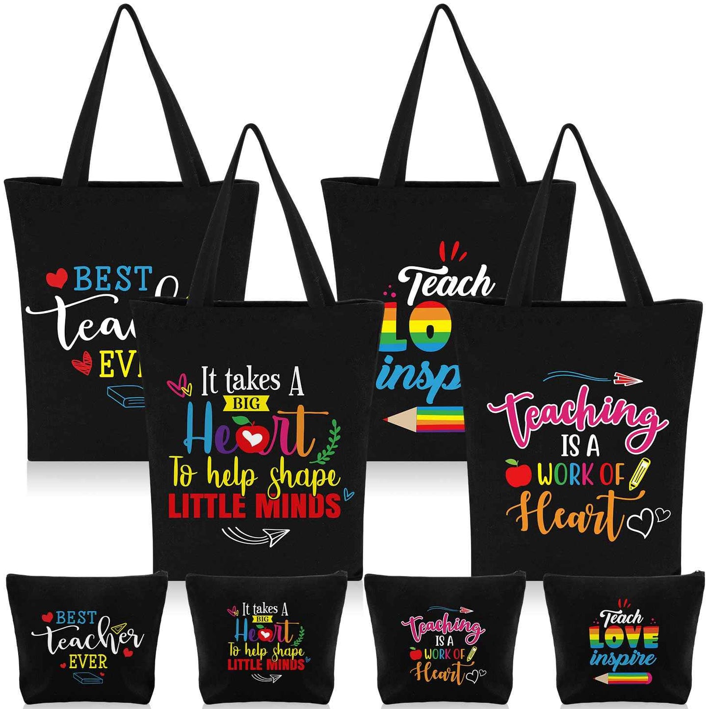 Oudain 8 Pcs Teacher Appreciation Gifts for Women Graduation Gifts Canvas Tote Bag Cosmetic Toiletry Canvas Makeup Bags with Zipper for Teacher Birthday Farewell Parties