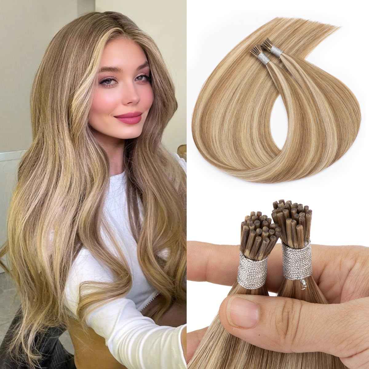 KPVXXVE Itip Human Hair Extensions Brown I Tip Hair Extensions Balayage Ash Brown Highlights Bleach Blonde Tip Real Human Hair #8/613 Cold Fusion 16 Inch 60s 45g