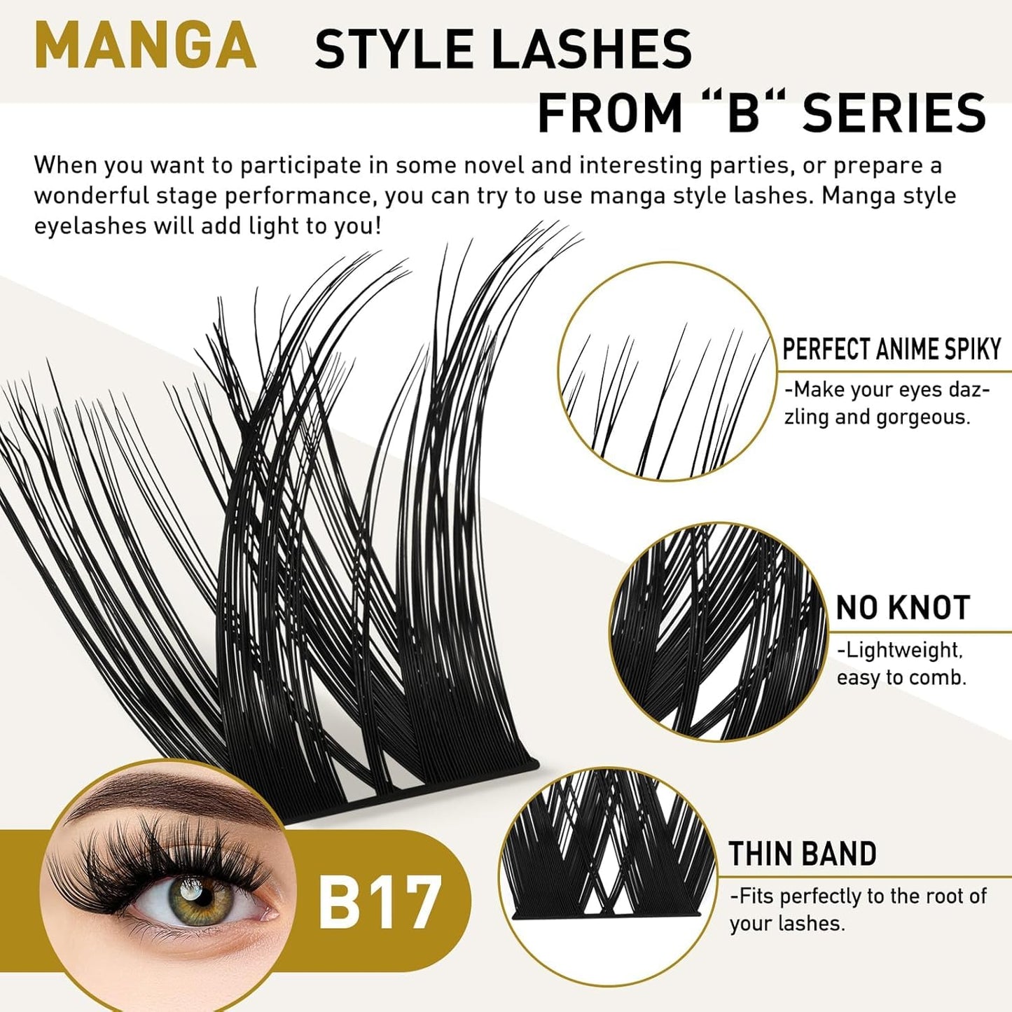 Lash Clusters B17 Mixed Tray Manga Lashes 72PCS Spiky Individual Lashes Clusters Lashes DIY Eyelash Extensions Anime Lashes Soft Wispy Eyelash Clusters Extensions Cluster DIY at Home(B17,D-10-16)