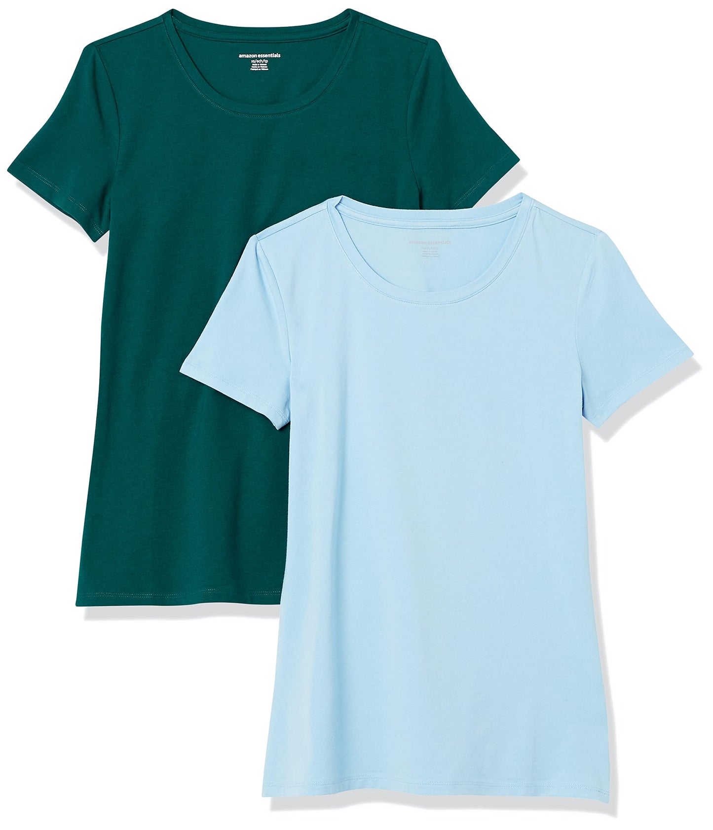 Amazon Essentials Women's Classic-Fit Short-Sleeve Crewneck T-Shirt, Pack of 2, Dark Green/Powder Blue, X-Small