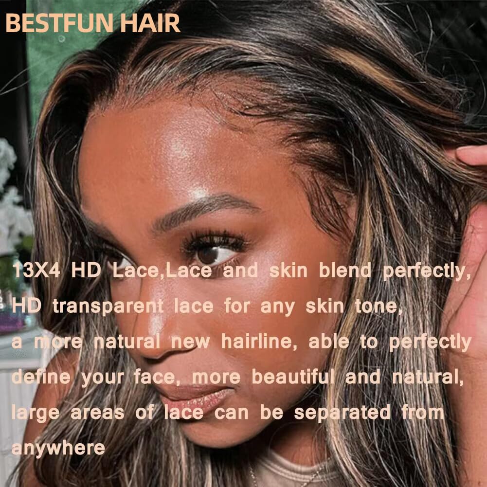 BestFun FB/27 Balayage Highlight Lace Front Wig Human Hair Pre Plucked 24 Inch 13x4 HD Lace Ombre Body Wave Wig 180% Density Glusless Wigs Human Hair for Women