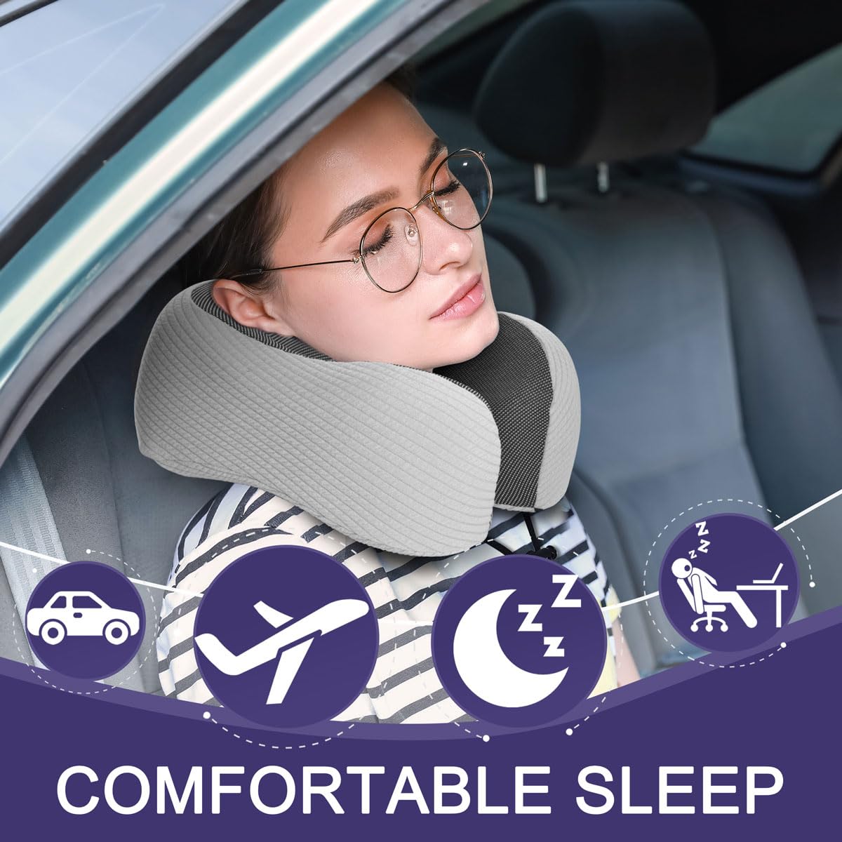 napfun Neck Pillow for Traveling, Upgraded Travel Neck Pillow for Airplane 100% Pure Memory Foam Travel Pillow for Flight Headrest Sleep, Portable Plane Accessories, Striped Light Grey