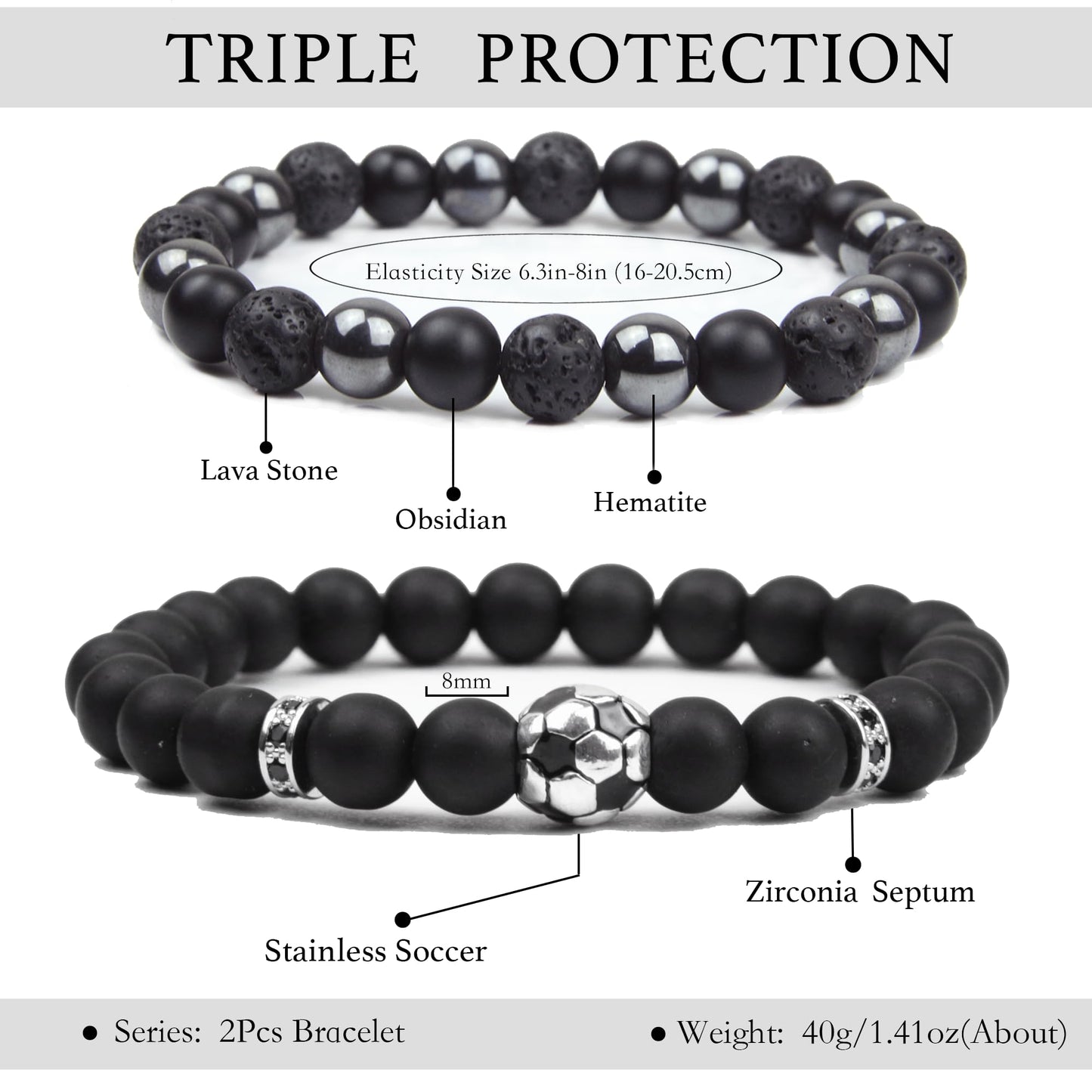 Black Obsidian Bracelet for Men - Soccer Bracelet - Tourmaline Beaded Bracelets - 8MM Black Onyx Hematite Lava Stone Beads Triple Protection Bracelet Gifts for Boys