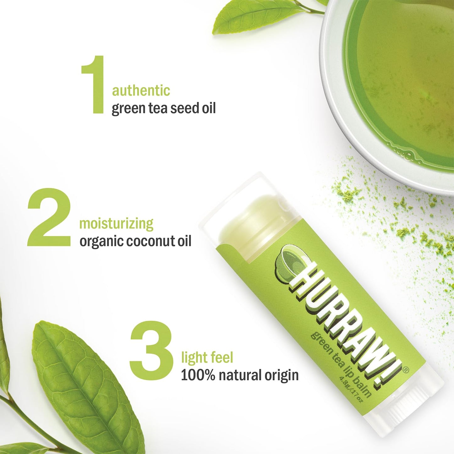 Hurraw! Green Tea Lip Balm: Organic, Certified Vegan, Cruelty and Gluten Free. Non-GMO, 100% Natural Ingredients. Bee, Shea, Soy and Palm Free. Made in USA