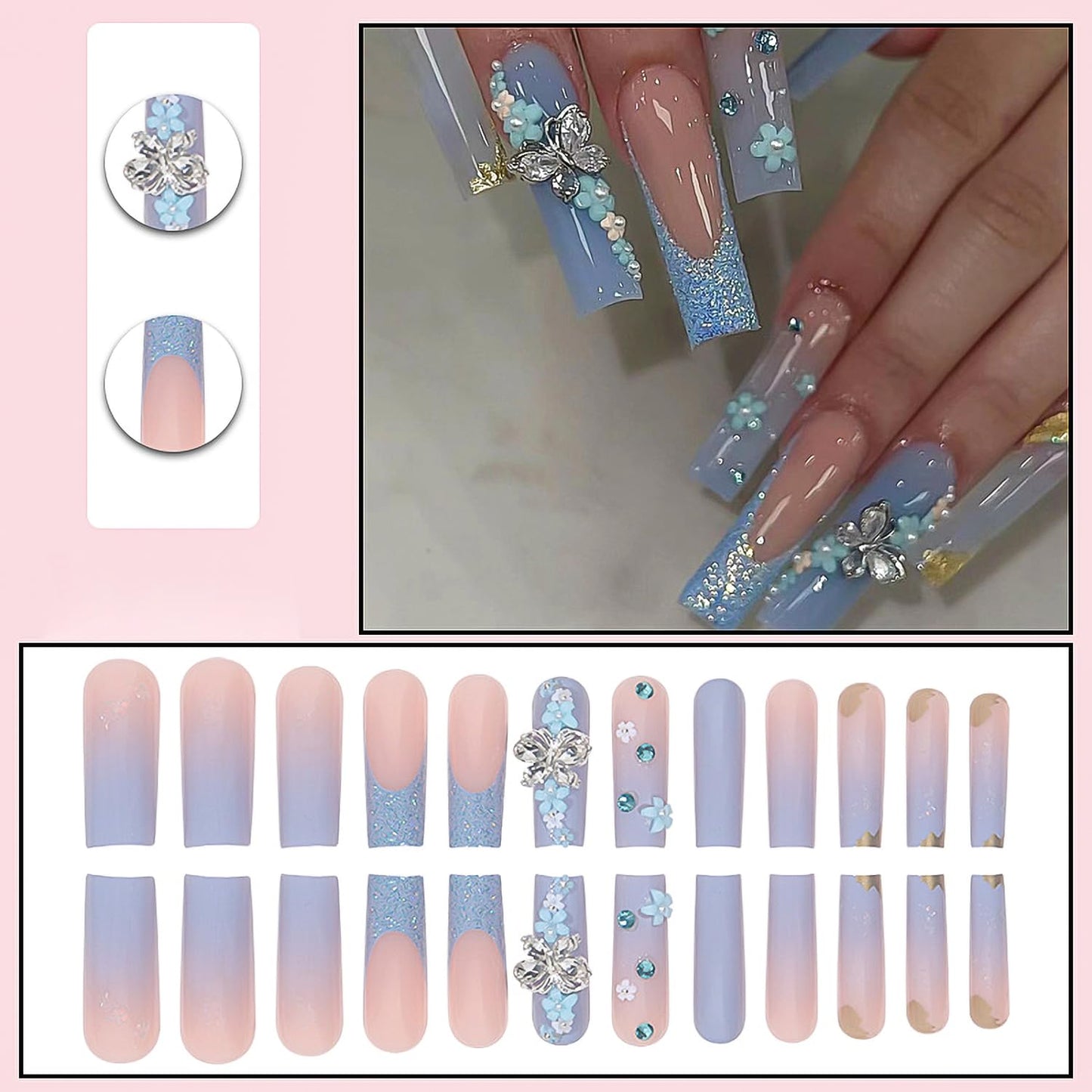 French Tip Press on Nails Long Square Sokfone Blue Fake Nails with Flower Butterfly Charm Designs Stick on Nails Full Cover Artificial Nails for Women