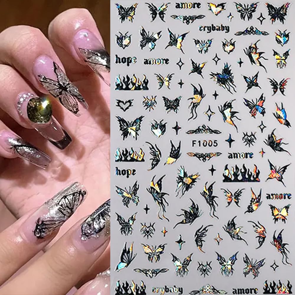 8pcs Laser Black Butterfly Nail Stickers for Women 3D Butterfly Nail Art Stickers Butterfly Nail Decals for Nail Art Supplies Self Adhsive Butterfly Stickers for Nails Butterflies Nail Decorations