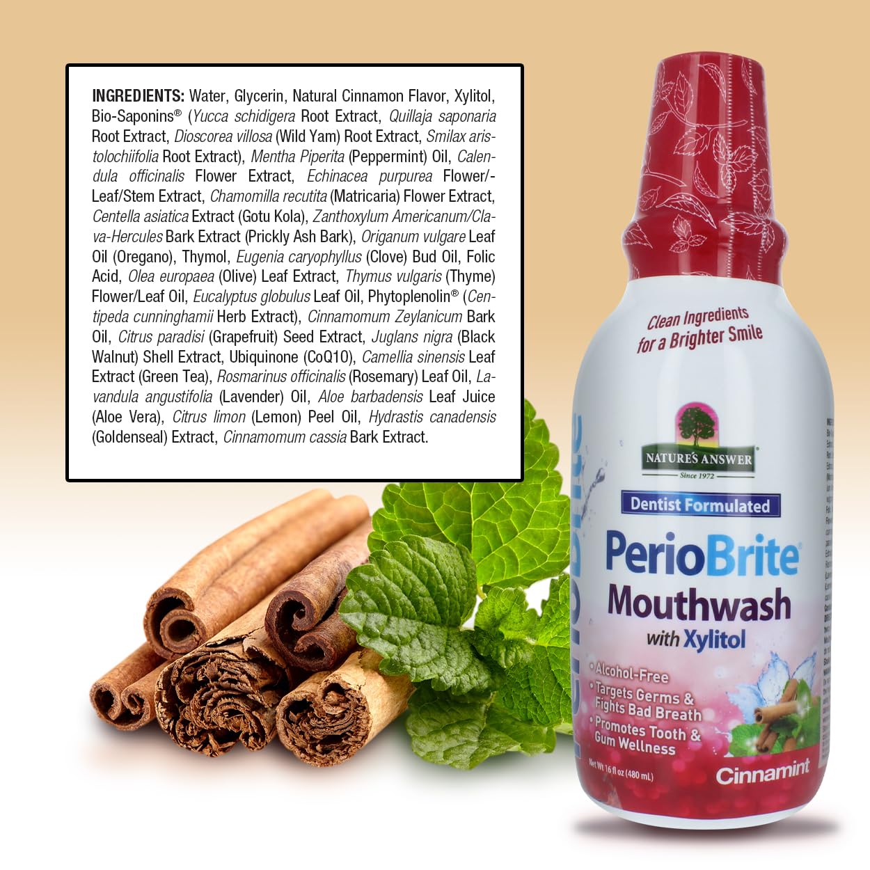 Nature's Answer PerioBrite Alcohol-Free Mouthwash, Cinnamon, 16-Fluid Ounce | Whitens Teeth | Freshens Breath | Removes Plaque | Minimizes Dry Mouth (Pack of 2)