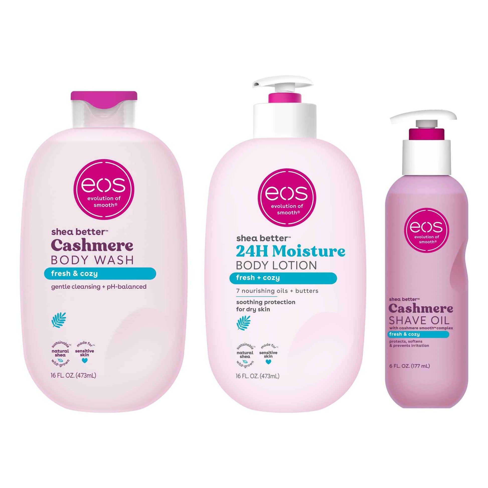 eos Shower Essentials Bundle- Body Lotion, Body Wash, Shave Oil - Fresh & Cozy