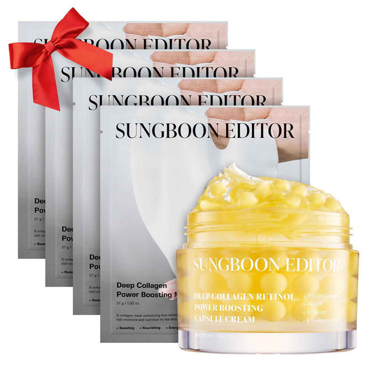 SUNGBOON EDITOR Deep Collagen Boosting Duo : Deep Collagen Mask (4ea) & Power Boosting Capsule Cream, Skincare Gift Sets for Mom