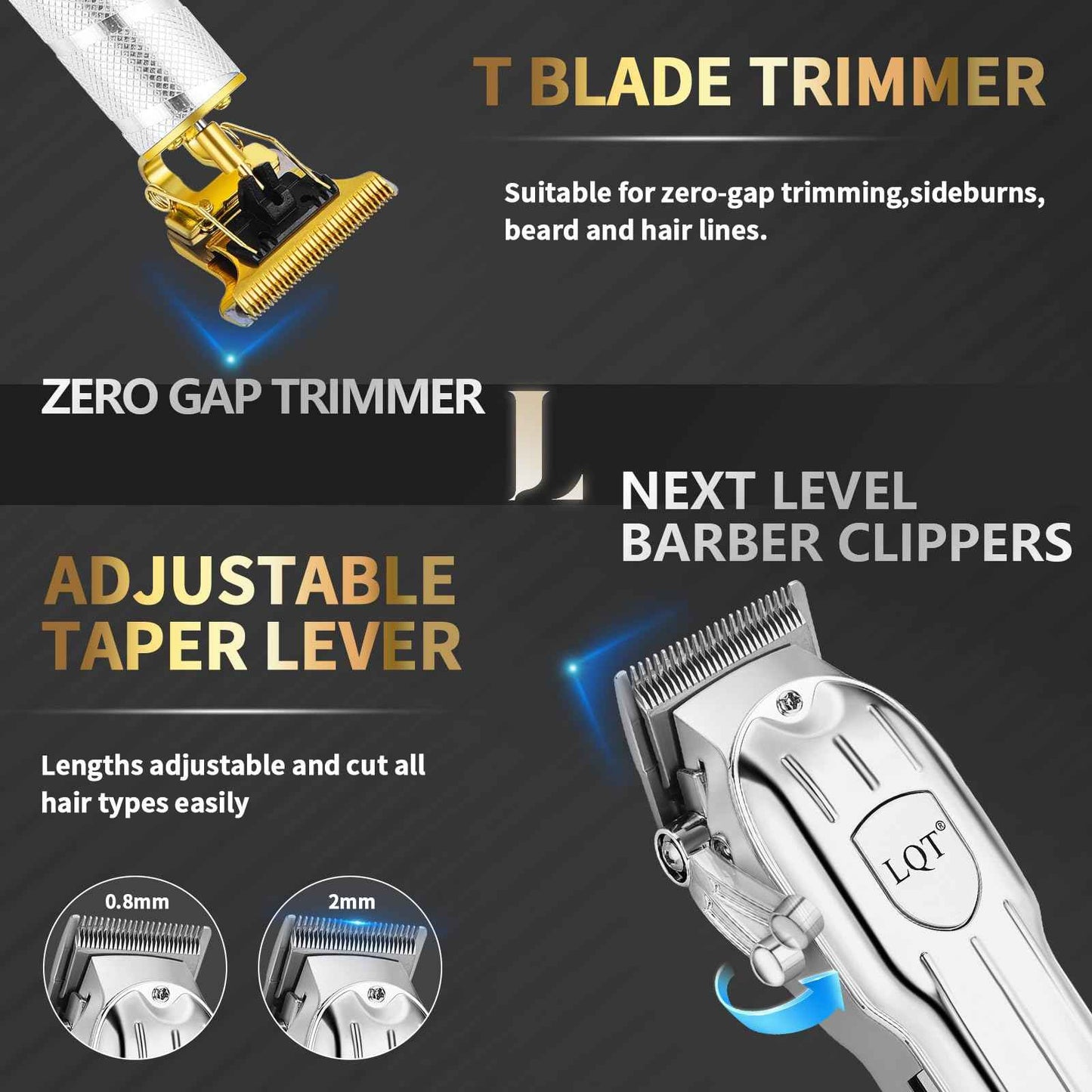 LQT Professional Hair Clipper Set, Gold, LED Display, with Trimmer, 8 Guide Combs, Barber Shaver Set, with Travel Case and Haircut Cape (Silver)