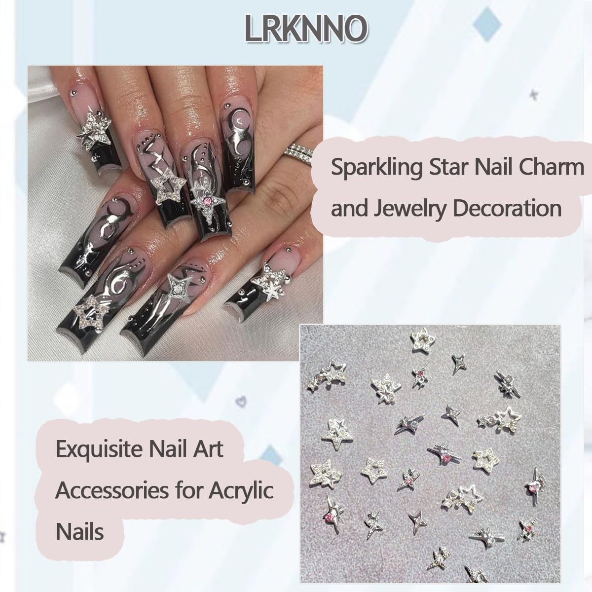 LRKNNO Shiny Silver Star Nail Charms, 3D Alloy Stars Nail Rhinestones Starlight Star Nail Gems for Acrylic Nails Y2K Metal Nail Supplies Star Nail Art Jewels Accessories for Women DIY Nails 24Pcs