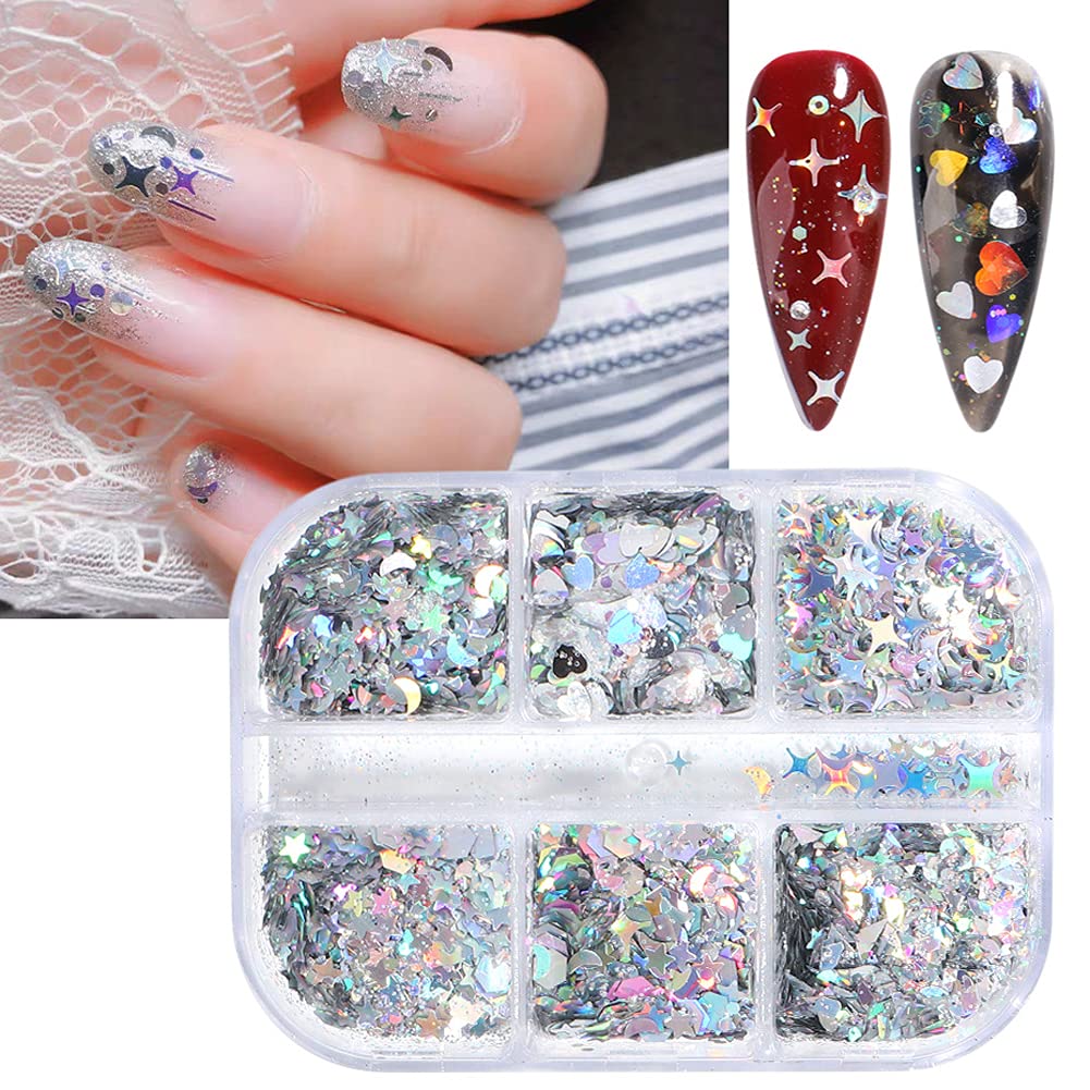 Holographic Nail Art Glitter Sequins, Shinning Heart Nail Supplies 6 Grids Laser Silver Nail Decals 3D Holographic Nail Sequin Star Moon Nail Art Sticker Confetti Flakes for Acrylic Nails Decorations