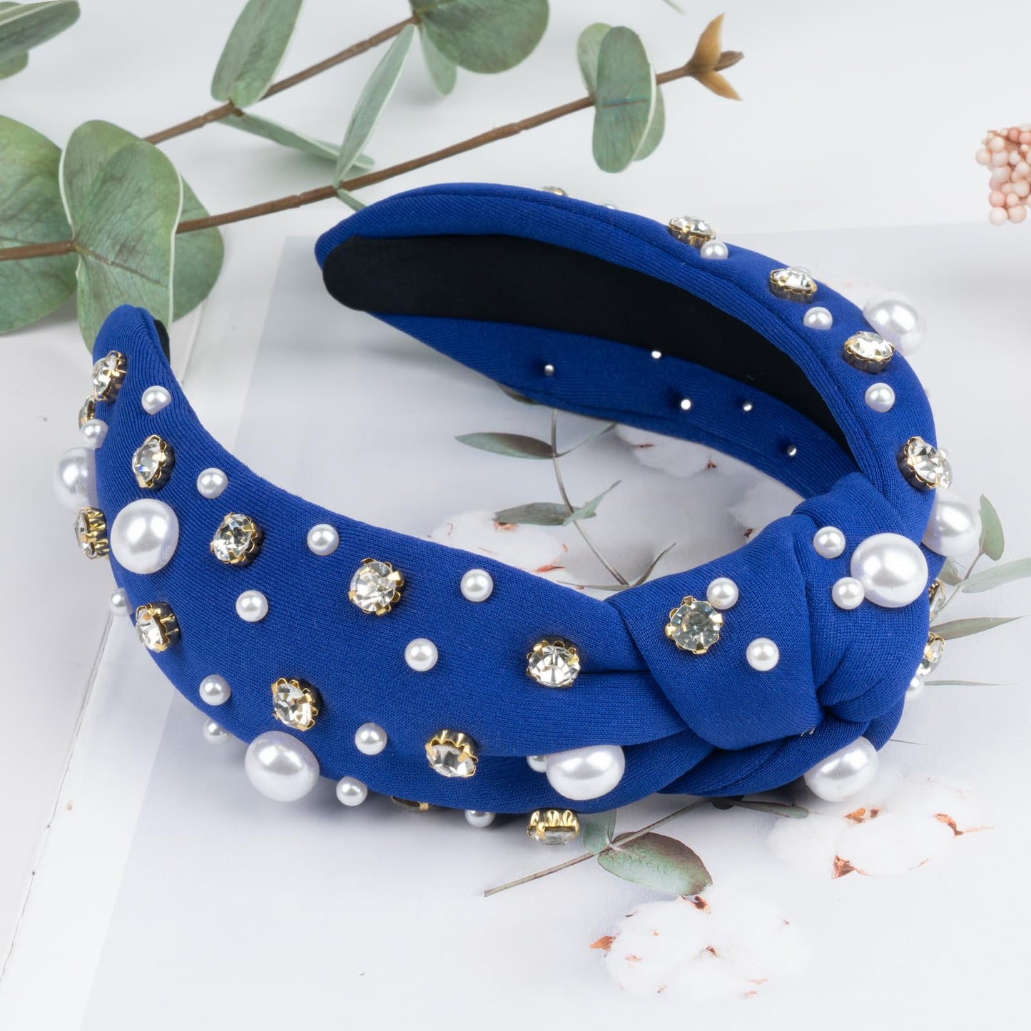 Aodse Headbands for Women Pearl Rhinestone Hairband Knotted Crystal Head Band Non Slip Wide Top Knot Headband Luxury Jeweled Hair Accessories (Royal Blue)