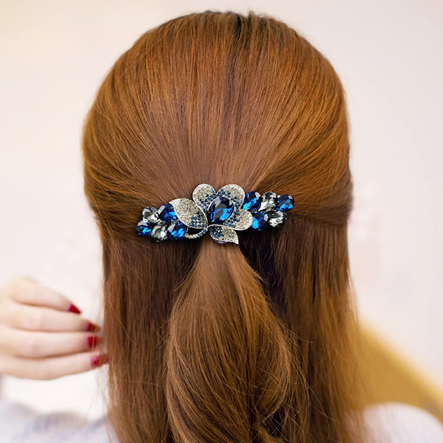 Sankuwen Flower Luxury Jewelry Design Hairpin Rhinestone Hair Barrette Clip(Style C,Deep Blue)