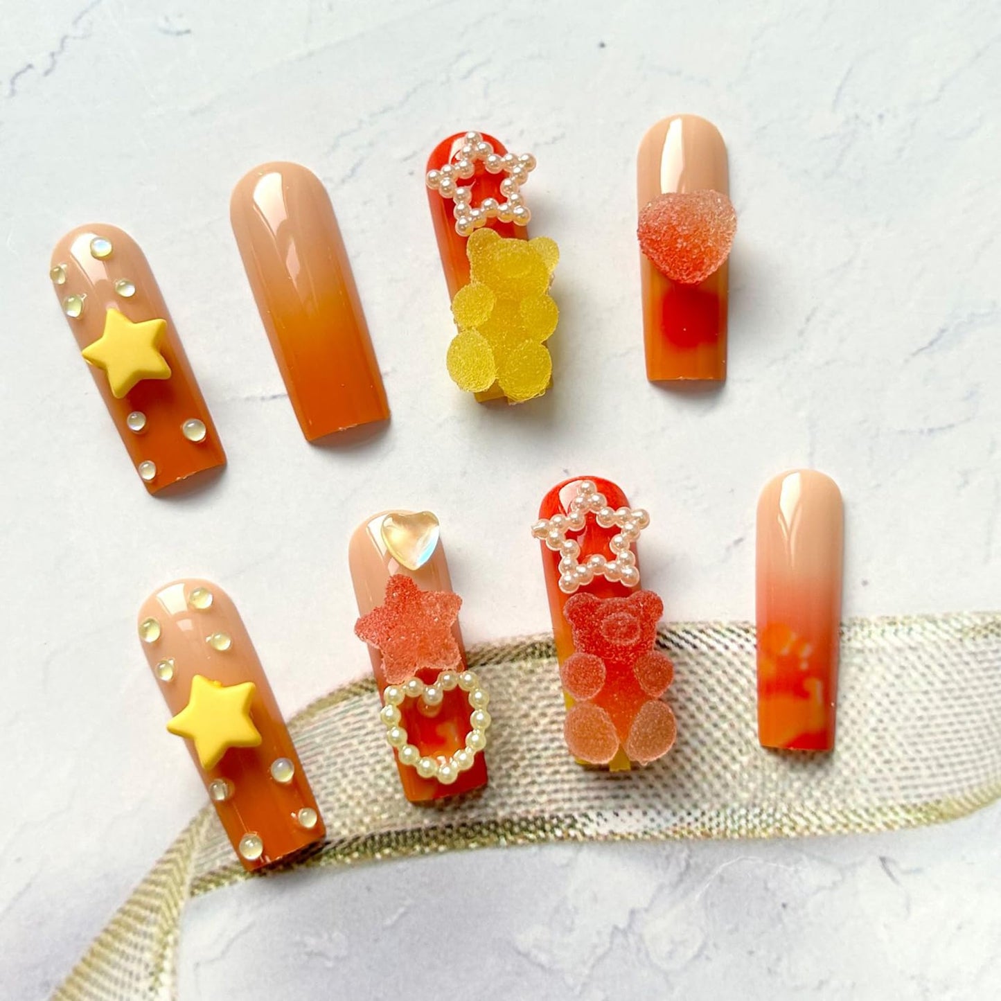 24Pcs Long Press on Nails Orange and Red Fake Nails Cute Bear & Candy Design False Nails 3D Cartoon Acrylic Nails Reusable Stick on Nails Jelly Press on Nails for Women and Girls Nail Art Decoration