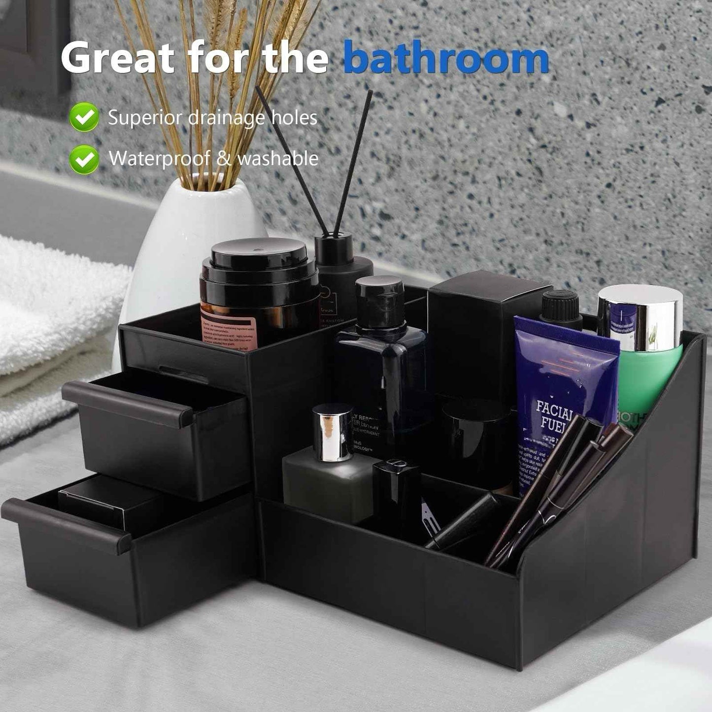 Simbuy Black Cologne Organizer for Men - Large Countertop Organizer with Drawers for Cologne, Perfume, Shaving & Skincare - Bathroom & Vanity Storage, Ideal Gift for Boyfriend, Husband, Dad & Friends