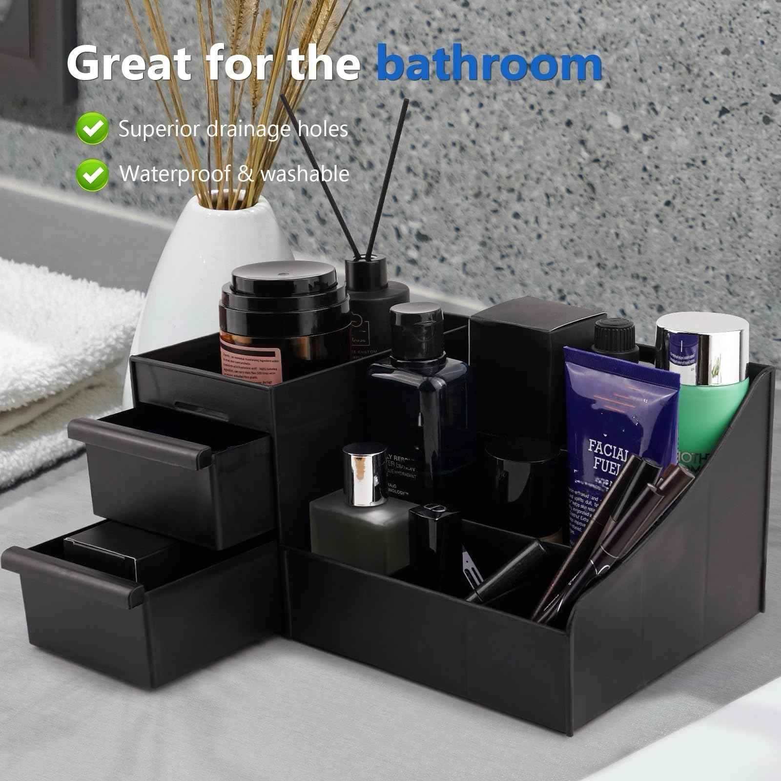Simbuy Black Cologne Organizer for Men - Large Countertop Organizer with Drawers for Cologne, Perfume, Shaving & Skincare - Bathroom & Vanity Storage, Ideal Gift for Boyfriend, Husband, Dad & Friends