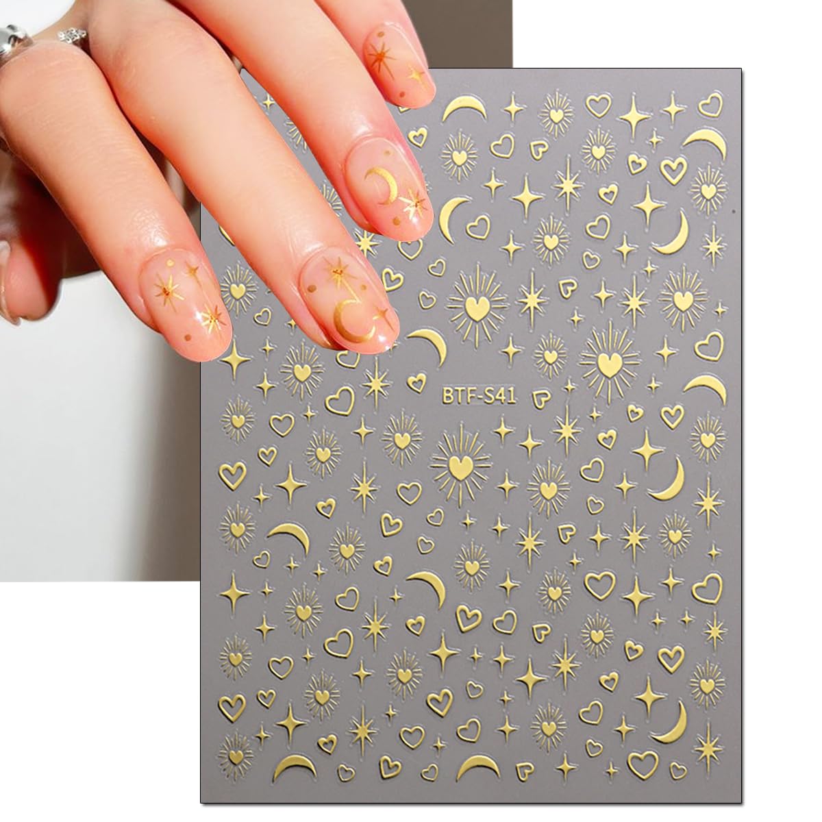 6 Sheets Stars Sun Moon Nail Stickers DIY Self-Adhesive Pegatinas Uñas Gold Silver Laser Starlight Moon Star Nail Art Designs for Women Acrylic Nail Decoration Accessories