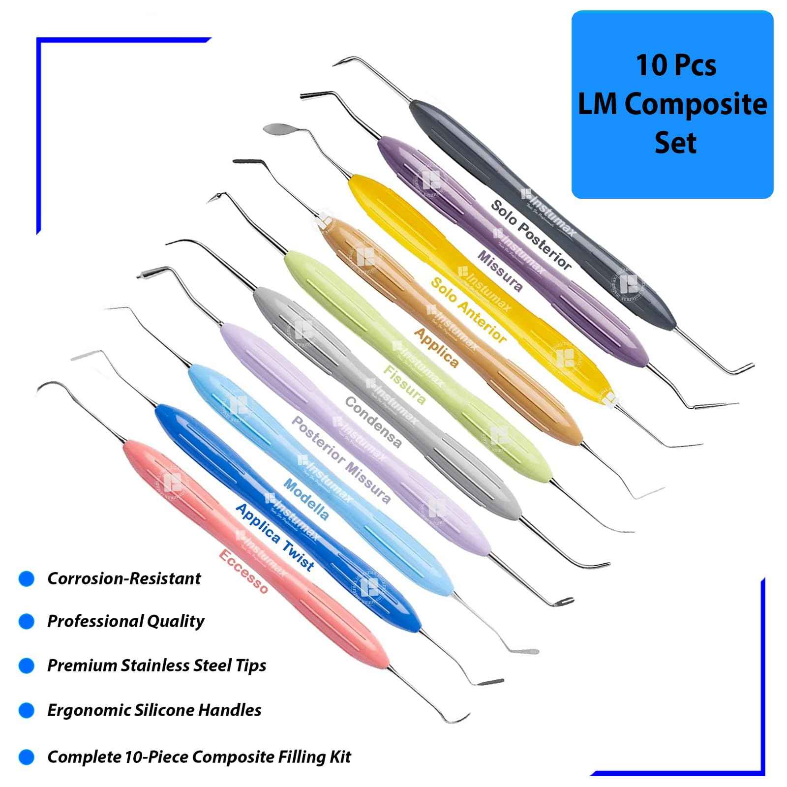 Set of 10 Dental Composite Placement Filling Instruments – Silicone Handle Restoration Plugger/Spatula – Resin Application & Tooth Restoration Kit