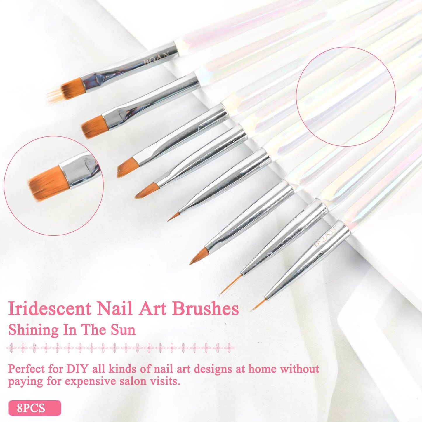 BQAN Nail Art Brushes Set, 8pcs Professional Nail Art Design Brushes With Nail Ombre Brush Gel Nail Brush Nail Art Liner Brush and Builder Gel Brush