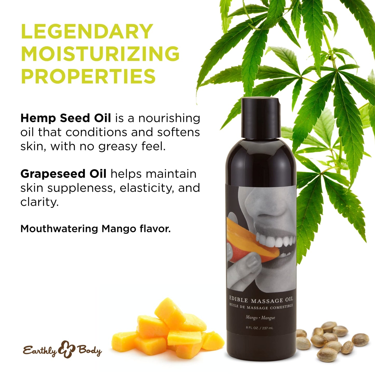 Earthly Body Edible Massage Oil, Mango - 8 fl. oz. - Hemp Seed, Almond, Grapeseed, Apricot & Vitamin E Oil - Vegan & Cruelty Free