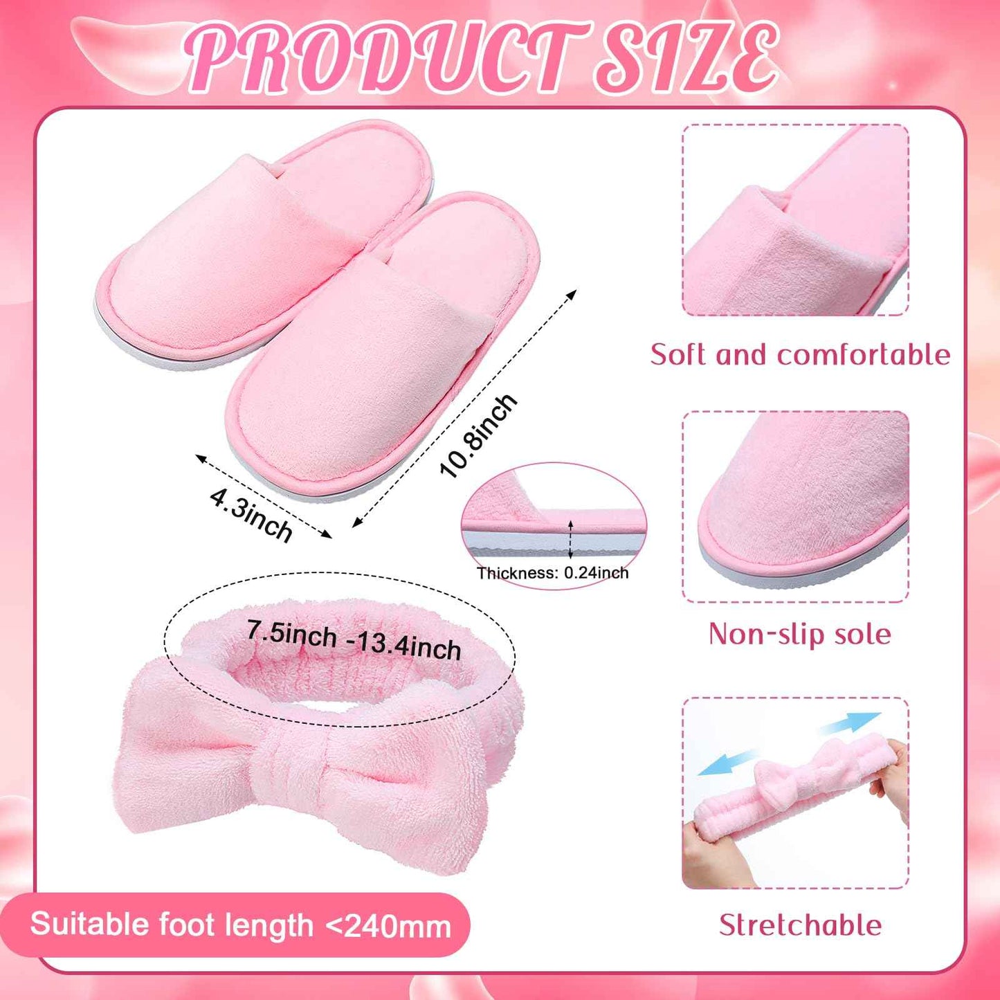 Twistover 12 Pcs Christmas Girls Spa Party Supplies for Kids Gifts Sleepover Party Supplies Include 6 Closed Toe Kids Disposable Slippers 6 Bow Spa Headbands for Makeup Slumber Favors Birthday(Pink)