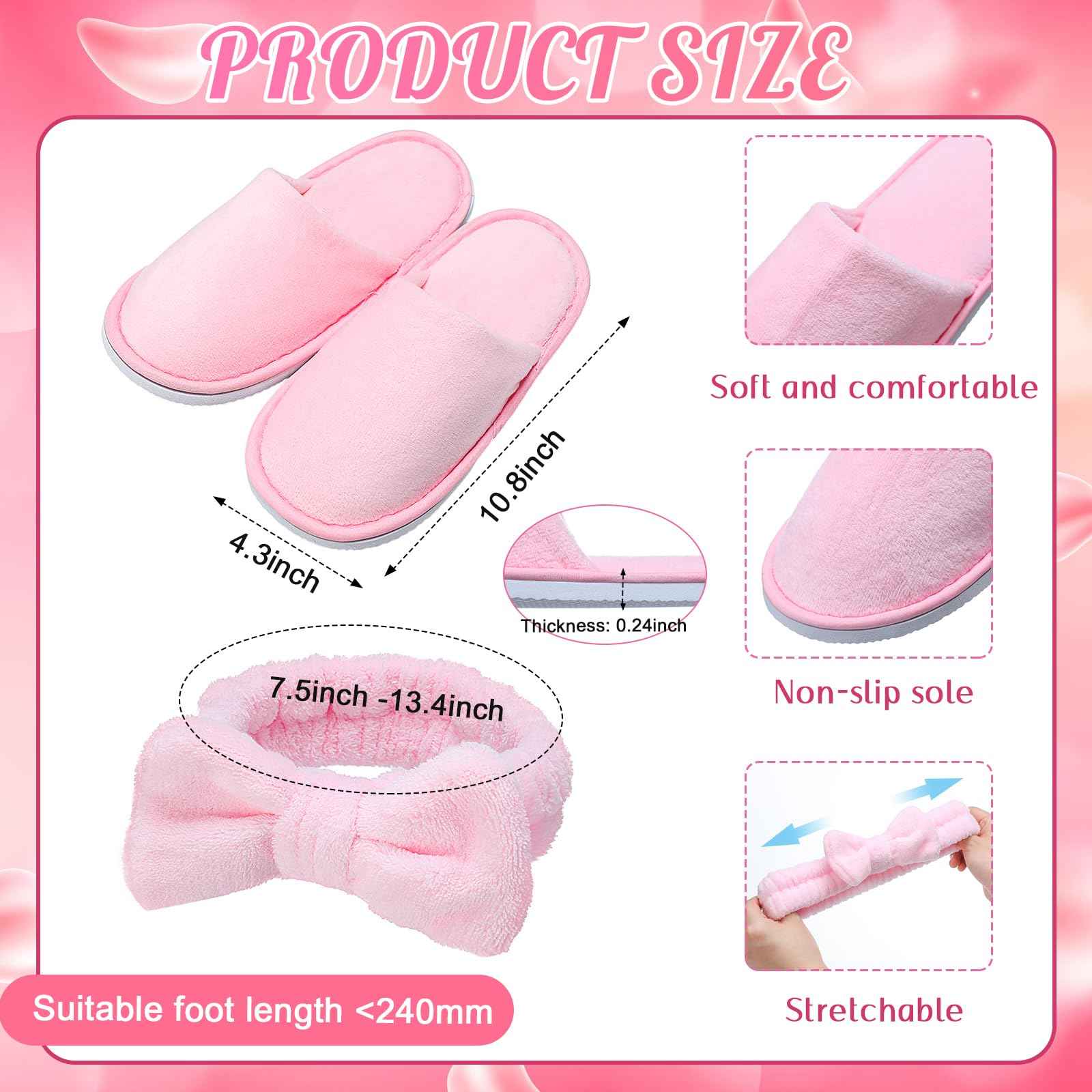 Twistover 12 Pcs Christmas Girls Spa Party Supplies for Kids Gifts Sleepover Party Supplies Include 6 Closed Toe Kids Disposable Slippers 6 Bow Spa Headbands for Makeup Slumber Favors Birthday(Pink)