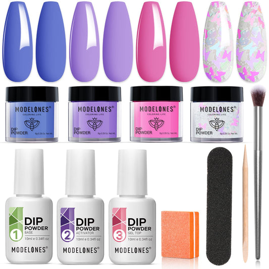 Modelones Dip Powder Nail Kit Starter, 4 Colors Lilac Purple Blue Pink Nail Dip Powder Kit with Dip Powder Liquid Set Base Top Activator DIY Kit