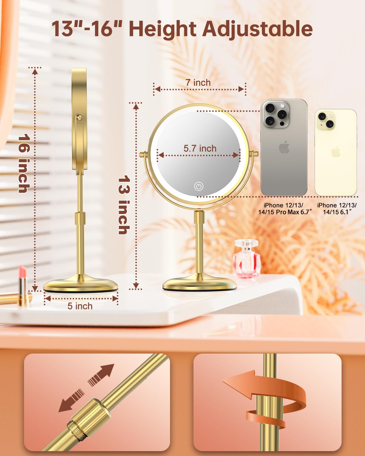 Benbilry Lighted Makeup Mirror with 3 Color Lights & 10X Magnification, Adjustable Brightness & Height, 7 Inch 360° Swivel Rechargeable LED Vanity Mirror, 10X Magnifying Mirror with Light, Gold