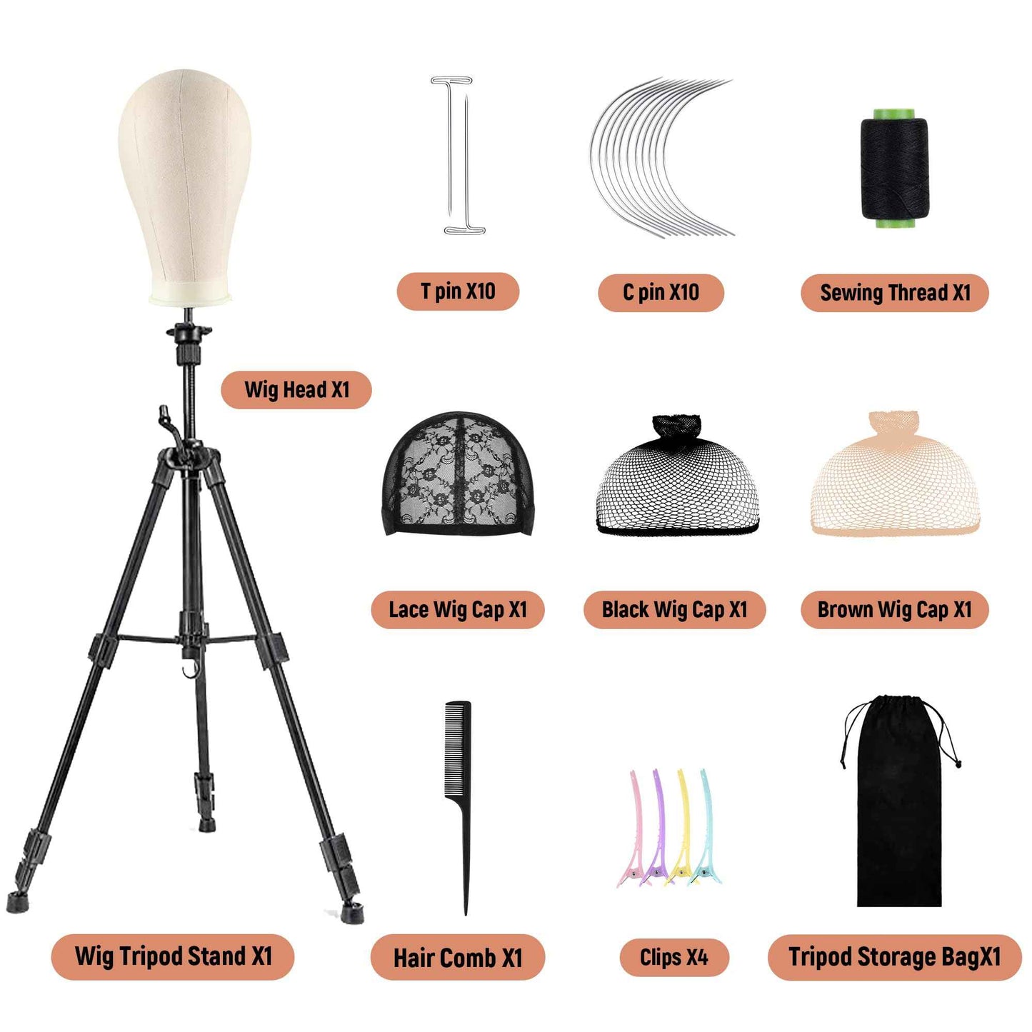 HYOUJIN Heavy Duty Wig Stand with Mannequin Head,Heavy Wig Stand Tripod Metal Adjustable Holder for Mannequin Head,Canvas Block Head with Wig Caps,T-PIN,C Needles,Clips,Carrying Bag, Rattail Comb(19.5"- 51.6")