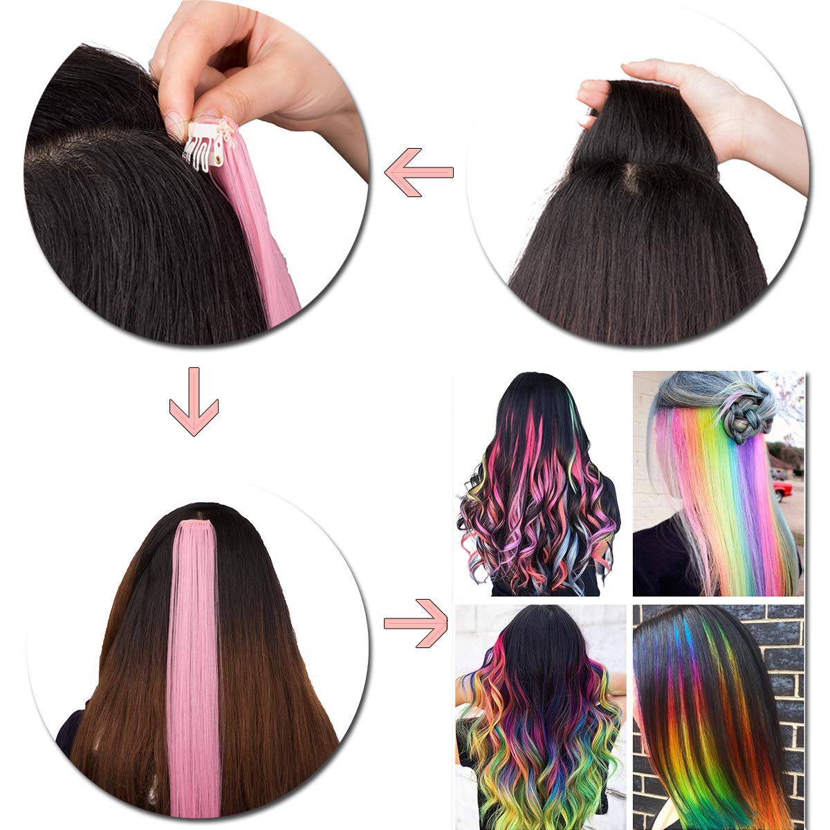 Colored Clip in Hair Extensions 24 Inch Rainbow Hair Synthetic straight Hair Extensions for Women Girls Kids Gift Multi-Colors Party Hairpiece Bright Yellow