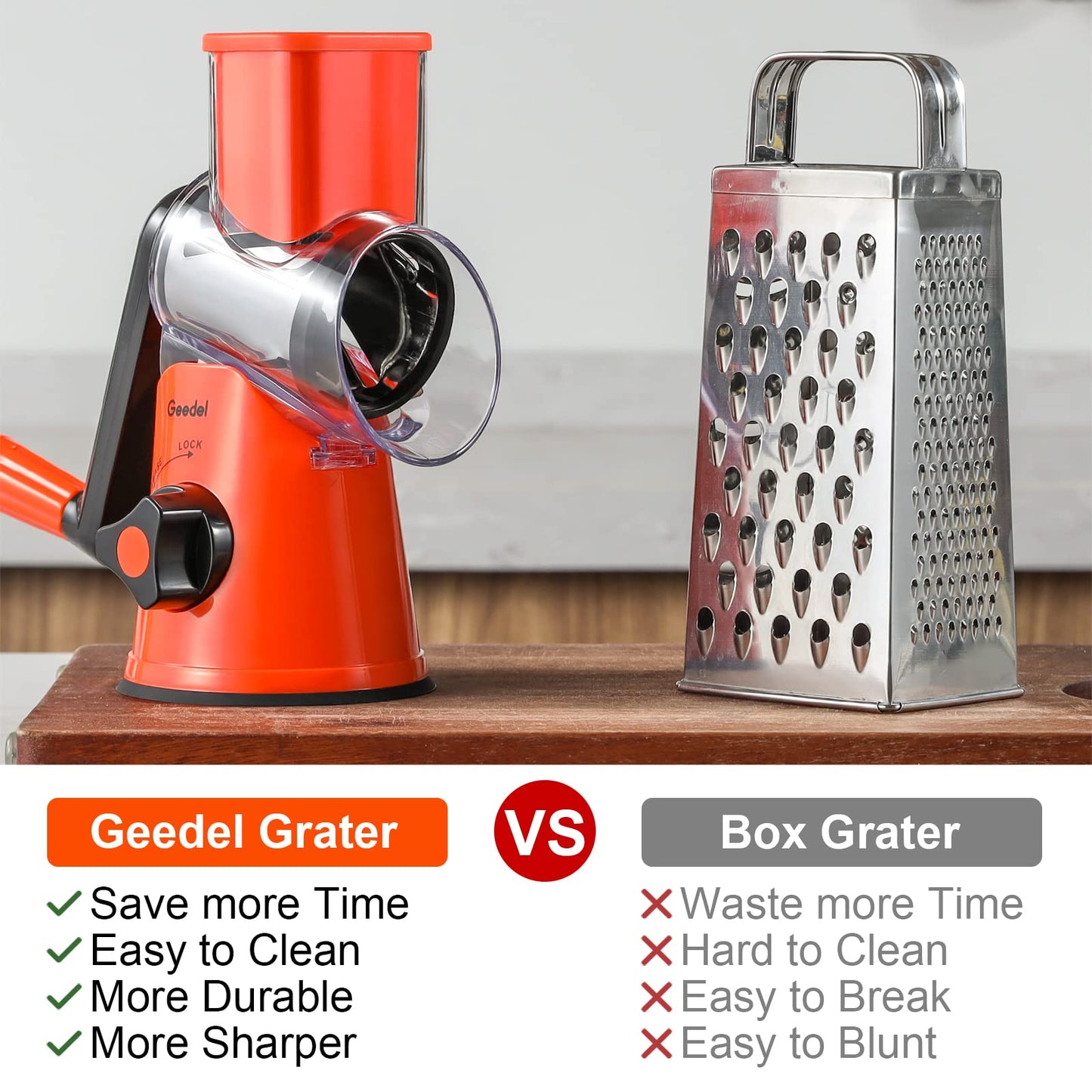 Geedel Rotary Cheese Grater, Kitchen Mandoline Vegetable Slicer with 3 Interchangeable Blades, Easy to Clean Rotary Grater Slicer for Fruit, Vegetables, Nuts