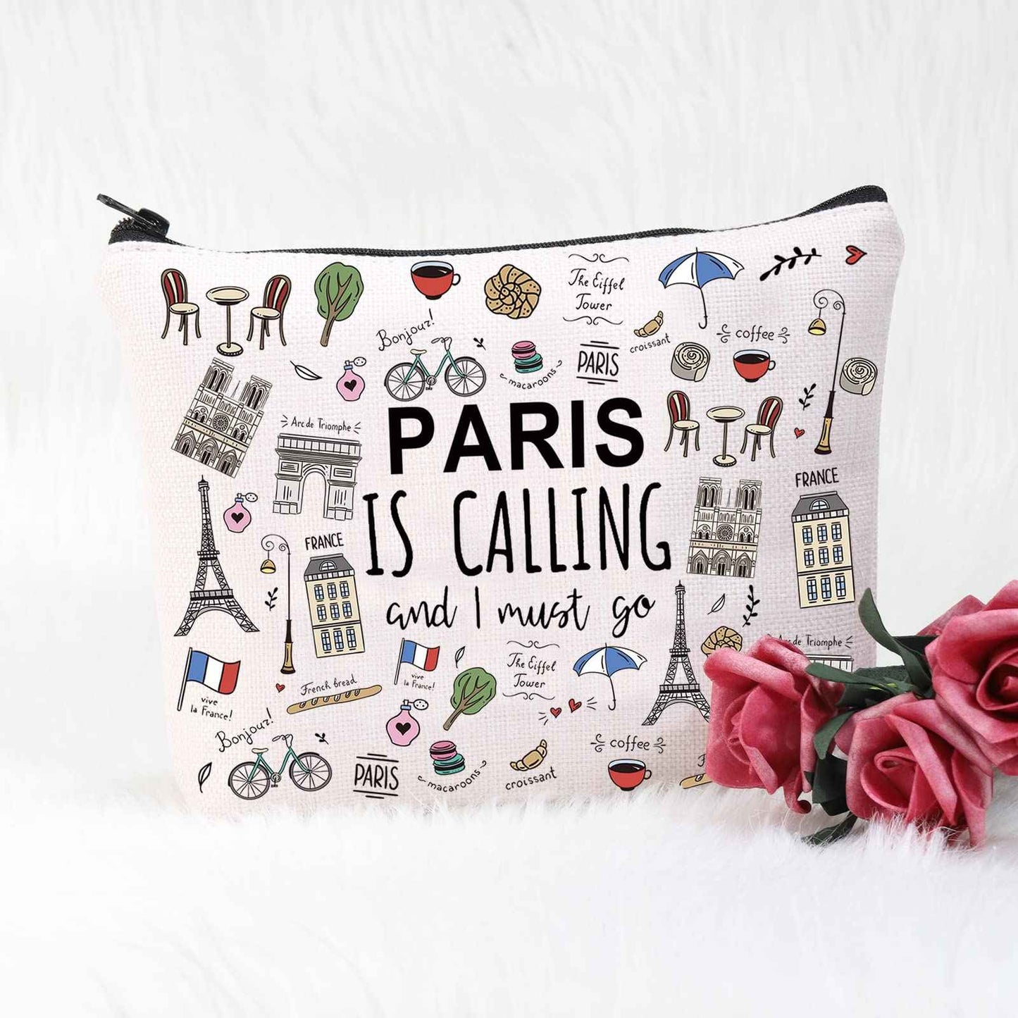 POFULL Paris Themed Gifts Paris Is Calling And I Must Go Cosmetic Bag Paris Lover Gift (Paris Is Calling Cosmetic Bag)