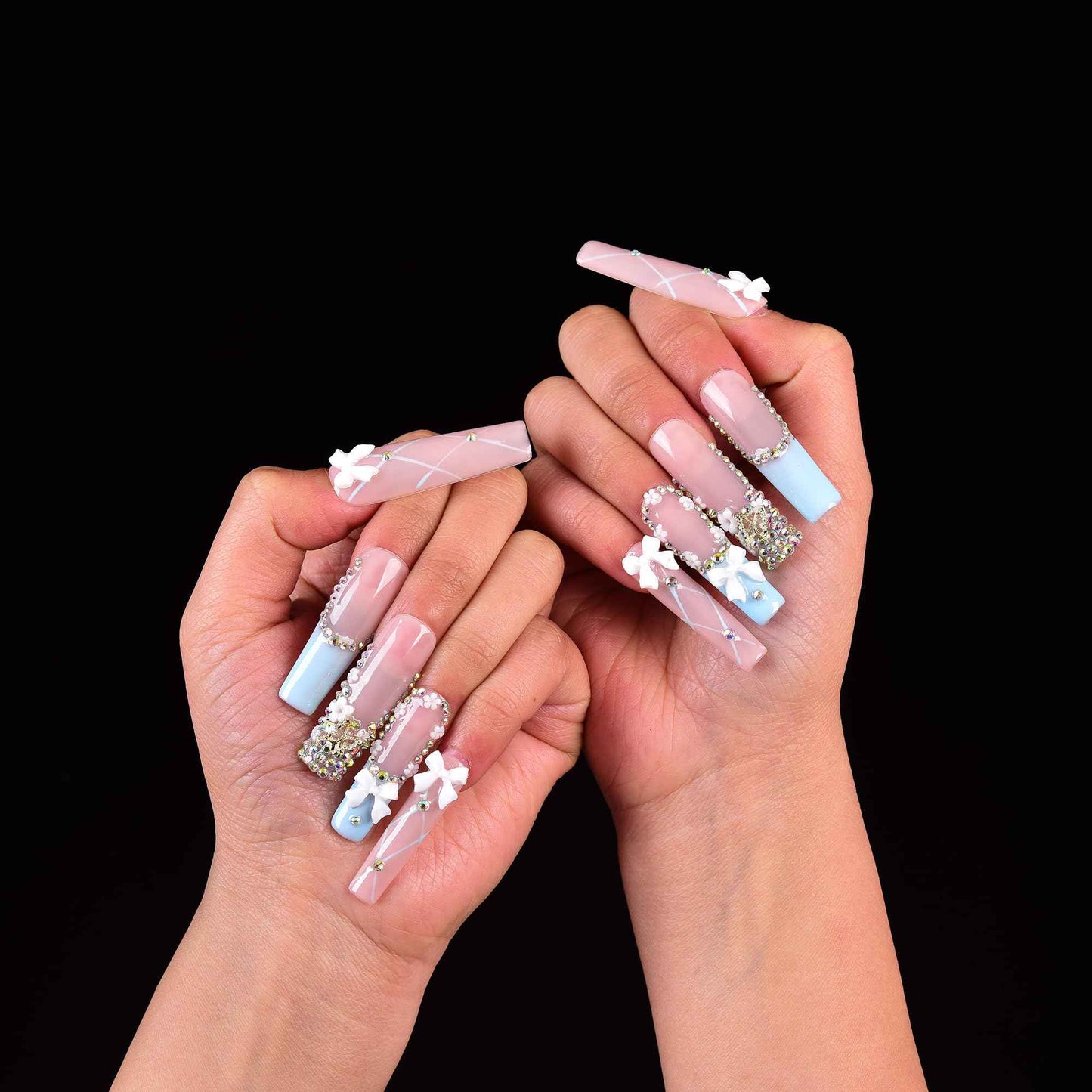 Tmani 10pc/set Extra Long Handmade Press On Nail Hot Girl's Long Ballet Square Nail Full of Diamond Glitter Decoration Fake Nails Suitable For Girls Festival Parties and Birthday Gift（238,Size-S)