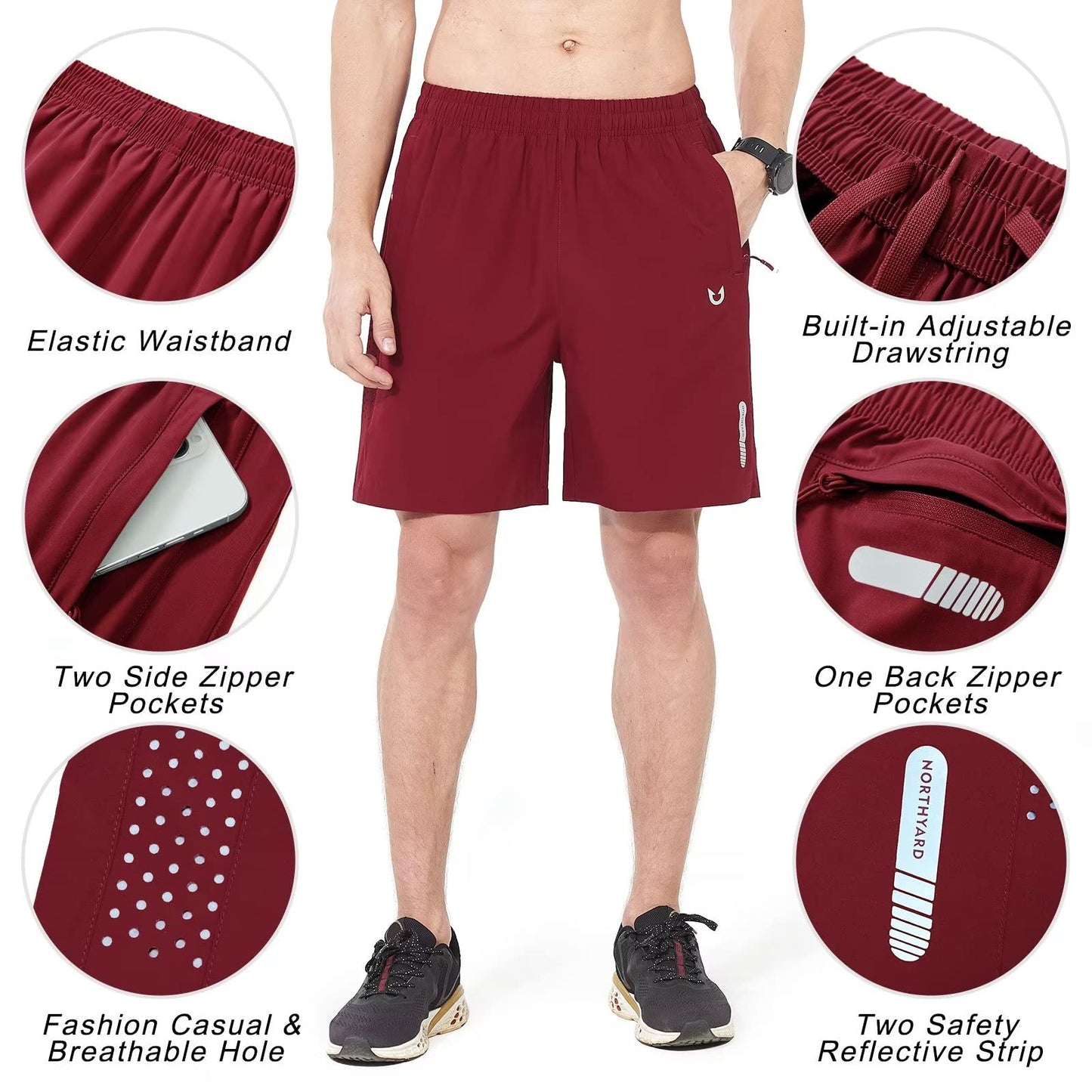 NORTHYARD Men's Athletic Running Shorts Quick Dry Workout Shorts 7"/ 5"/ 9" Lightweight Sports Gym Basketball Shorts Hiking Exercise WineRed S