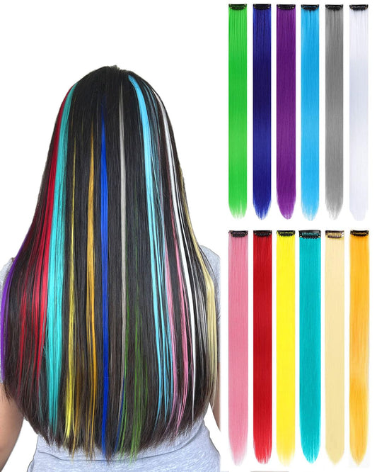 FARRUIS 22 Inch Colored Hair extension 12 Pcs Rainbow Clip in Hair Extension for Women Girls Kids Synthetic Highlight Hair Piece for Party Halloween