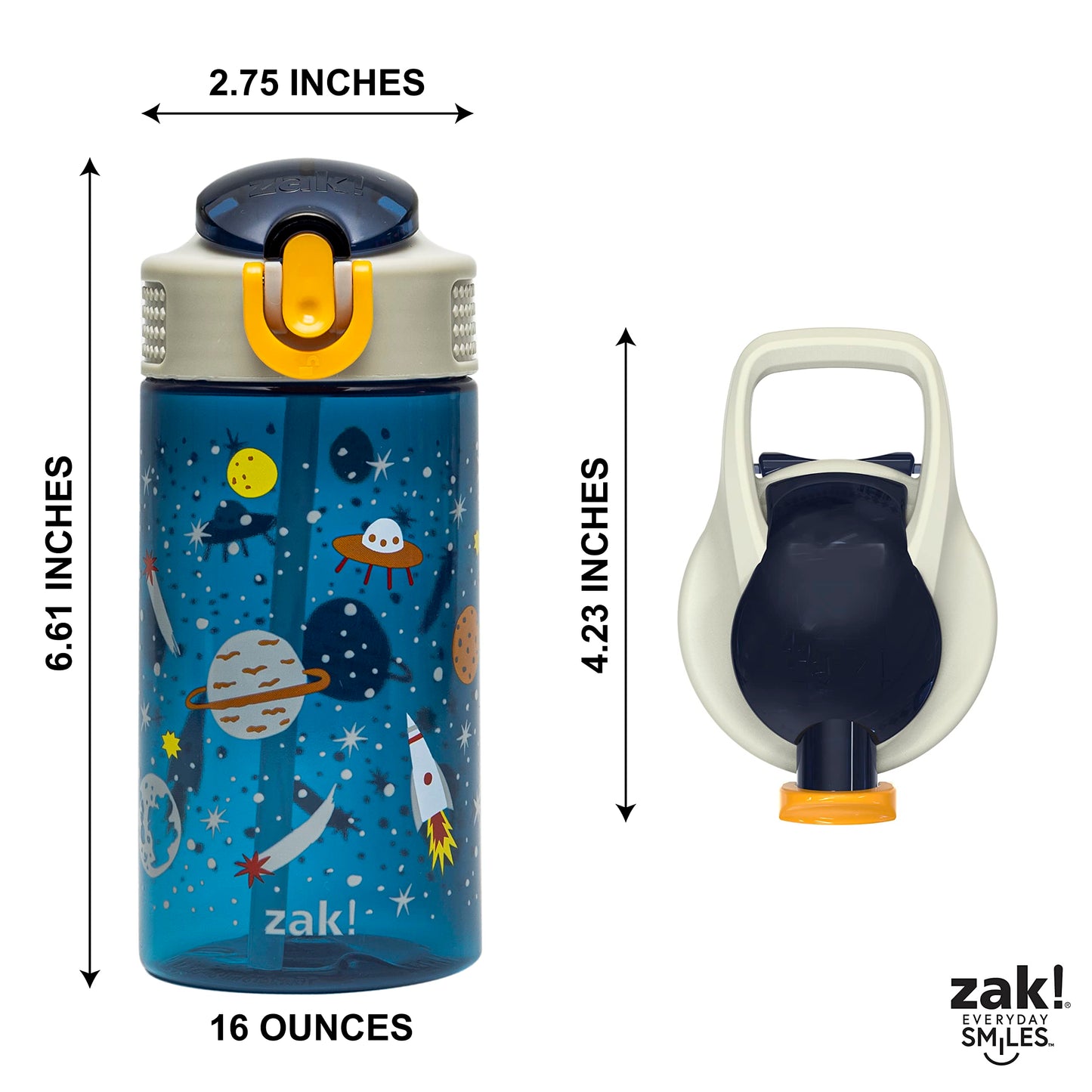 Zak Designs Kids Water Bottle For School or Travel, 16oz Durable Plastic Water Bottle With Straw, Handle, and Leak-Proof, Pop-Up Spout Cover (Space)