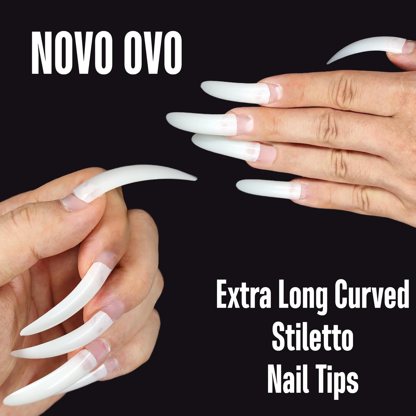 NOVO OVO 500 pcs Extra Long Hawk Curved Stiletto/Almond Nail Tips, XXL 2XL Sharp False Nails for Acrylic, Natural QUEEN STILETTO CURVE Eagle Claw Half Cover Gel Extension x 10 Sizes in Bag for Salon