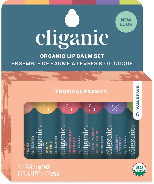 Cliganic Organic Lip Balm Set - 6 Tropical Flavors - 100% Natural Moisturizer for Cracked & Dry Lips (Packaging May Vary)